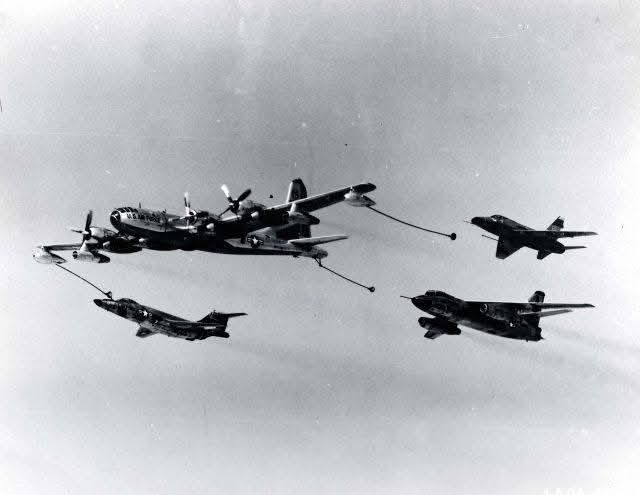 A KB-50J refuels an F-101, B-66, and F-100 simultaneously. In the 1950s, the USAF converted 112 B-50s into KB-50Js. These aerial tankers served extensively throughout the '50s and early '60s, even seeing action in the early years of the Vietnam War.