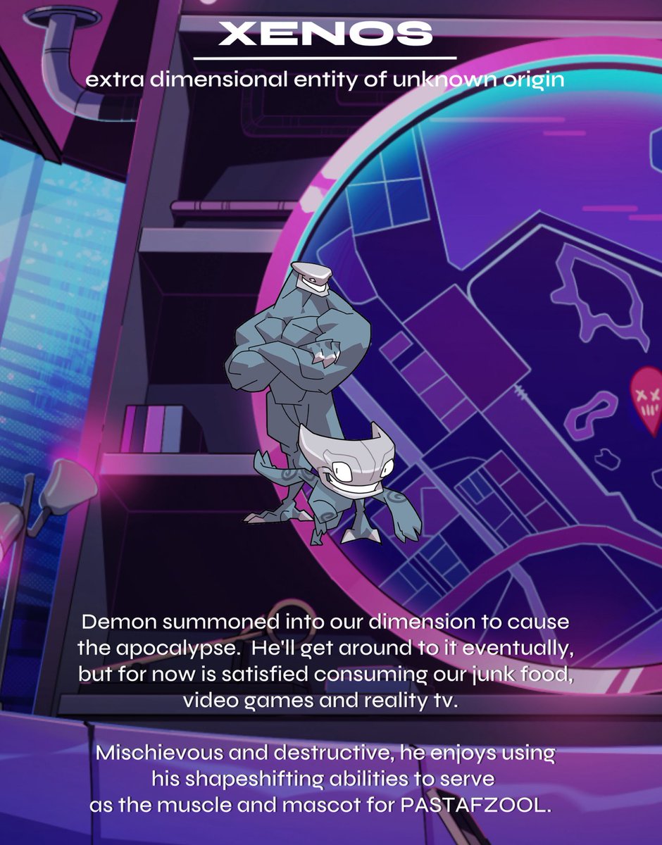 Meet Xenos! Shapeshifting demon from a parallel dimension. Cracks skulls and jokes as the heavyweight bruiser for Pastafazool 
plasmaspinstudios.com/pastafazool