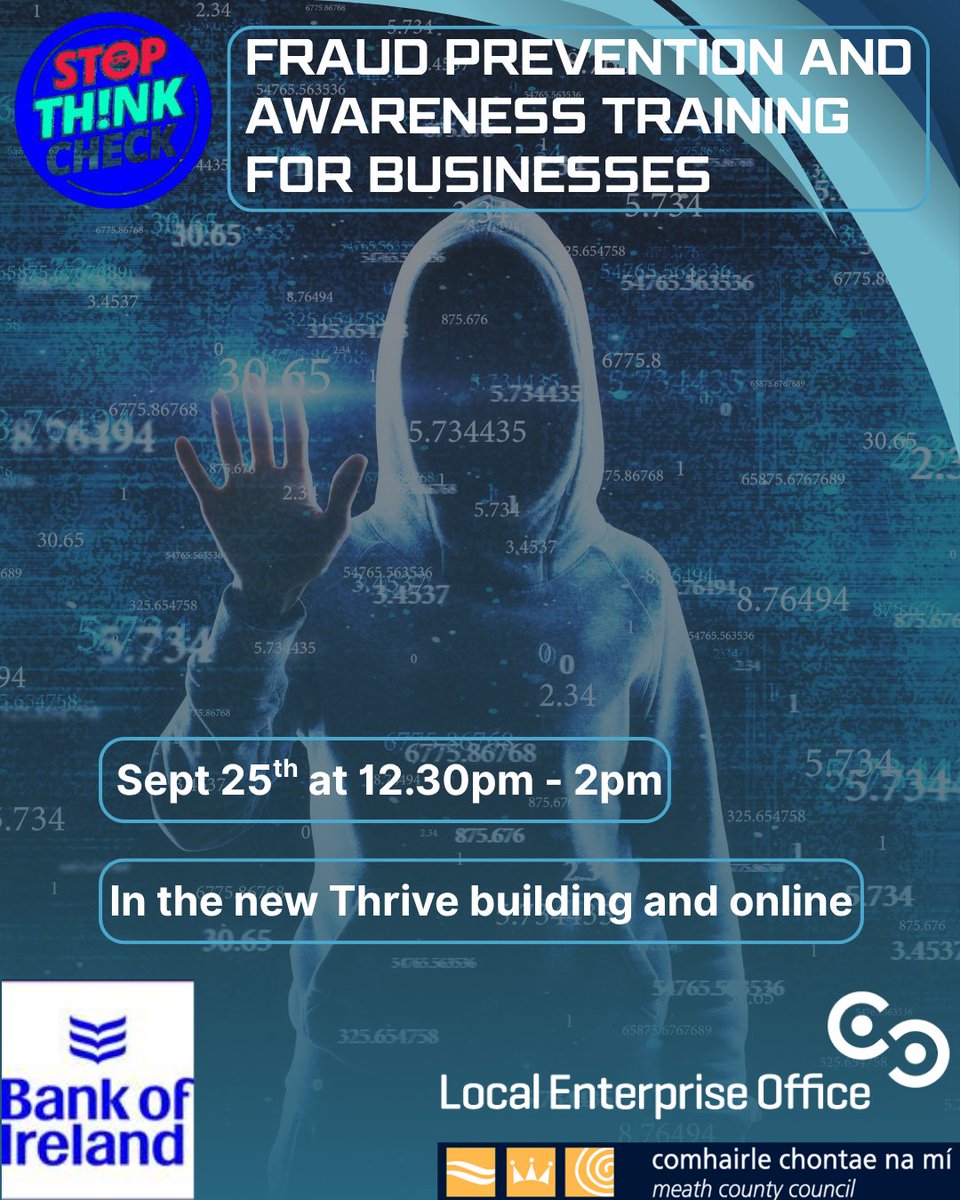 📢 Calling at Cavan SME's! Local Enterprise Office Meath will host a ⚠️ Fraud Prevention and Awareness Training seminar in collaboration with Bank of Ireland for SME’s.

Find more here: 
💻 Online seminar: localenterprise.ie/!M5JSYZ
🙋 In person seminar localenterprise.ie/!K0INX1