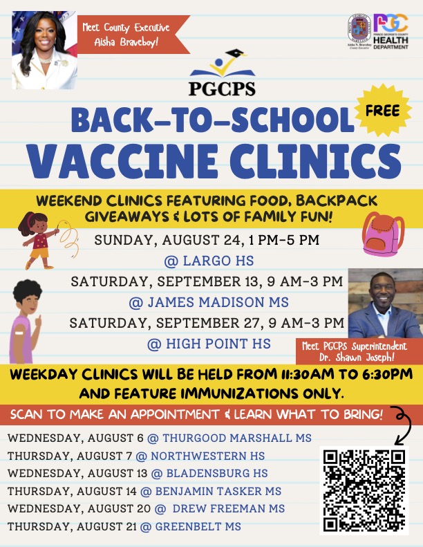 PGCPS (@pgcps) on Twitter photo ‼️No Shots, No School‼️ We've teamed up with @pgchealth and <a href="/pgcountyexec/">Prince George's County Executive</a> to offer FREE back-to-school vaccine clinics starting Wednesday, August 6!
✅ Make an appointment at a school near you. pgcps.org/inside-scoop-b… ‼️No Shots, No School‼️ We've teamed up with @pgchealth and <a href="/pgcountyexec/">Prince George's County Executive</a> to offer FREE back-to-school vaccine clinics starting Wednesday, August 6!
✅ Make an appointment at a school near you. pgcps.org/inside-scoop-b…