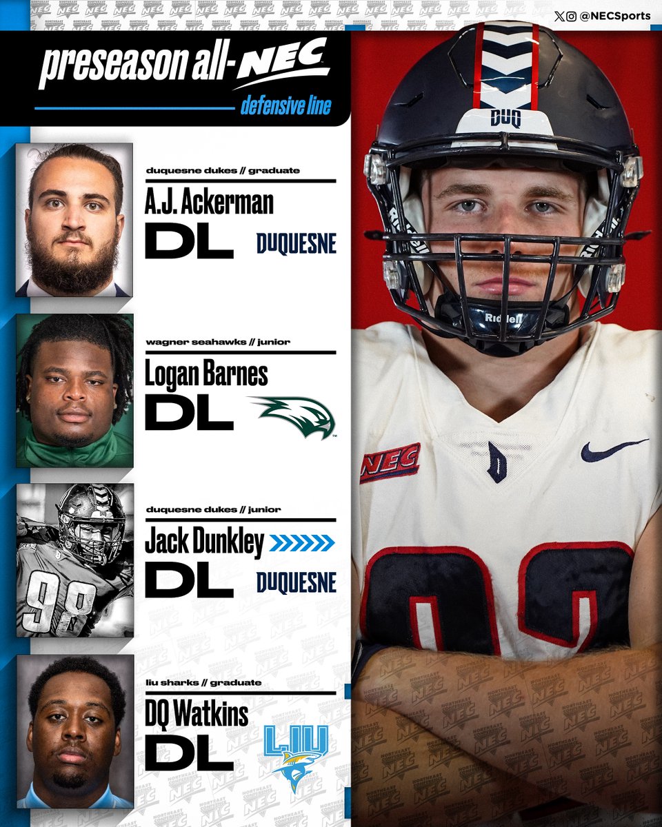 Northeast Conference (@necsports) on Twitter photo <a href="/LIUSharksFB/">LIU Football</a> <a href="/DuqFB/">Duquesne Football</a> <a href="/ccsu_fb/">CCSU Football</a> <a href="/RMU_Football/">RMU Football</a> <a href="/LIUAthletics/">LIU Athletics</a> <a href="/NECFootball/">NEC Football</a> <a href="/GoDuquesne/">Duquesne Athletics</a> <a href="/CCSUBlueDevils/">CCSU Blue Devils</a> <a href="/RMUAthletics/">RMU Athletics</a> <a href="/Wagner_Football/">Wagner College Football</a> <a href="/WagnerAthletics/">Wagner Seahawks</a> <a href="/RedFlashFB/">Saint Francis Football</a> <a href="/SFUathletics/">Saint Francis Red Flash</a> 🏈🏅 2025 All-NEC Preseason Team
𝗗𝗲𝗳𝗲𝗻𝘀𝗶𝘃𝗲 𝗟𝗶𝗻𝗲:
▪️ A.J. Ackerman, <a href="/DuqFB/">Duquesne Football</a>
▪️ Logan Barnes, <a href="/Wagner_Football/">Wagner College Football</a>
▪️ Jack Dunkley, <a href="/DuqFB/">Duquesne Football</a>
▪️ DQ Watkins, <a href="/LIUSharksFB/">LIU Football</a>
#NECFB <a href="/LIUSharksFB/">LIU Football</a> <a href="/DuqFB/">Duquesne Football</a> <a href="/ccsu_fb/">CCSU Football</a> <a href="/RMU_Football/">RMU Football</a> <a href="/LIUAthletics/">LIU Athletics</a> <a href="/NECFootball/">NEC Football</a> <a href="/GoDuquesne/">Duquesne Athletics</a> <a href="/CCSUBlueDevils/">CCSU Blue Devils</a> <a href="/RMUAthletics/">RMU Athletics</a> <a href="/Wagner_Football/">Wagner College Football</a> <a href="/WagnerAthletics/">Wagner Seahawks</a> <a href="/RedFlashFB/">Saint Francis Football</a> <a href="/SFUathletics/">Saint Francis Red Flash</a> 🏈🏅 2025 All-NEC Preseason Team
𝗗𝗲𝗳𝗲𝗻𝘀𝗶𝘃𝗲 𝗟𝗶𝗻𝗲:
▪️ A.J. Ackerman, <a href="/DuqFB/">Duquesne Football</a>
▪️ Logan Barnes, <a href="/Wagner_Football/">Wagner College Football</a>
▪️ Jack Dunkley, <a href="/DuqFB/">Duquesne Football</a>
▪️ DQ Watkins, <a href="/LIUSharksFB/">LIU Football</a>
#NECFB