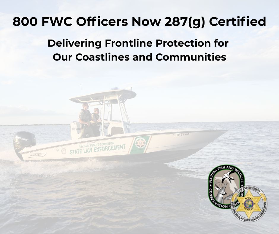 We’re proud to announce that nearly 800 FWC law enforcement officers across the state have now obtained their 287(g) credentials, equipping them to directly support <a href="/GovRonDeSantis/">Ron DeSantis</a>' immigration enforcement initiative.

These specially trained officers are prepared to assist in