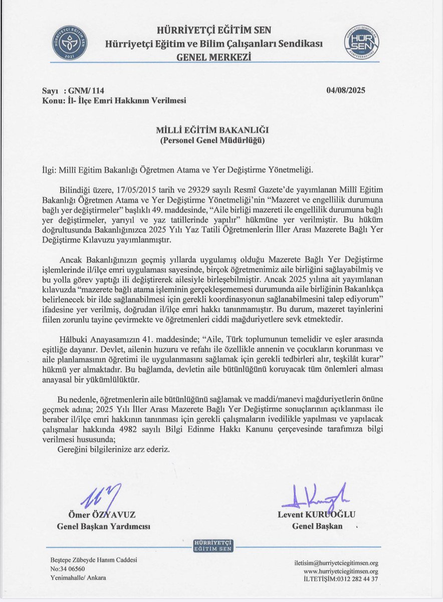Aile bütünlüğün sağlanabilmesi ve herhangi bir mağduriyet oluşmaması adına 2025 yılı yaz tatili mazeret tayinlerinde il/ilçe emri hakkının tanınmasını MEB’den talep ettik.

Aile birliği anayasal haktır, görmezden gelinemez! 
<a href="/HurEgitimSen/">Hürriyetçi Eğitim Sen Genel Merkezi</a> 
<a href="/tcmeb/">Millî Eğitim Bakanlığı</a> 
<a href="/Yusuf__Tekin/">Yusuf Tekin</a> 
#İlİlçeEmri