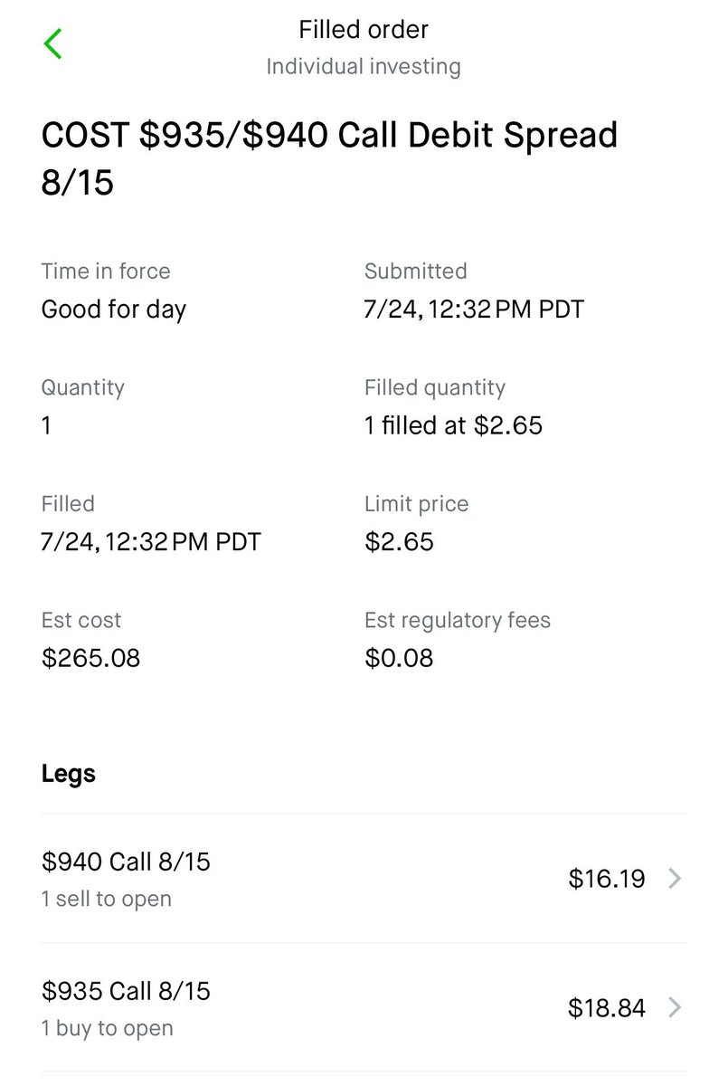 Closed this $COST Call Debit Spread:

- 8/15 $935/940

✅ Premium: $350

Profit of $85 per contract

Using collateral of $500 💰🔥