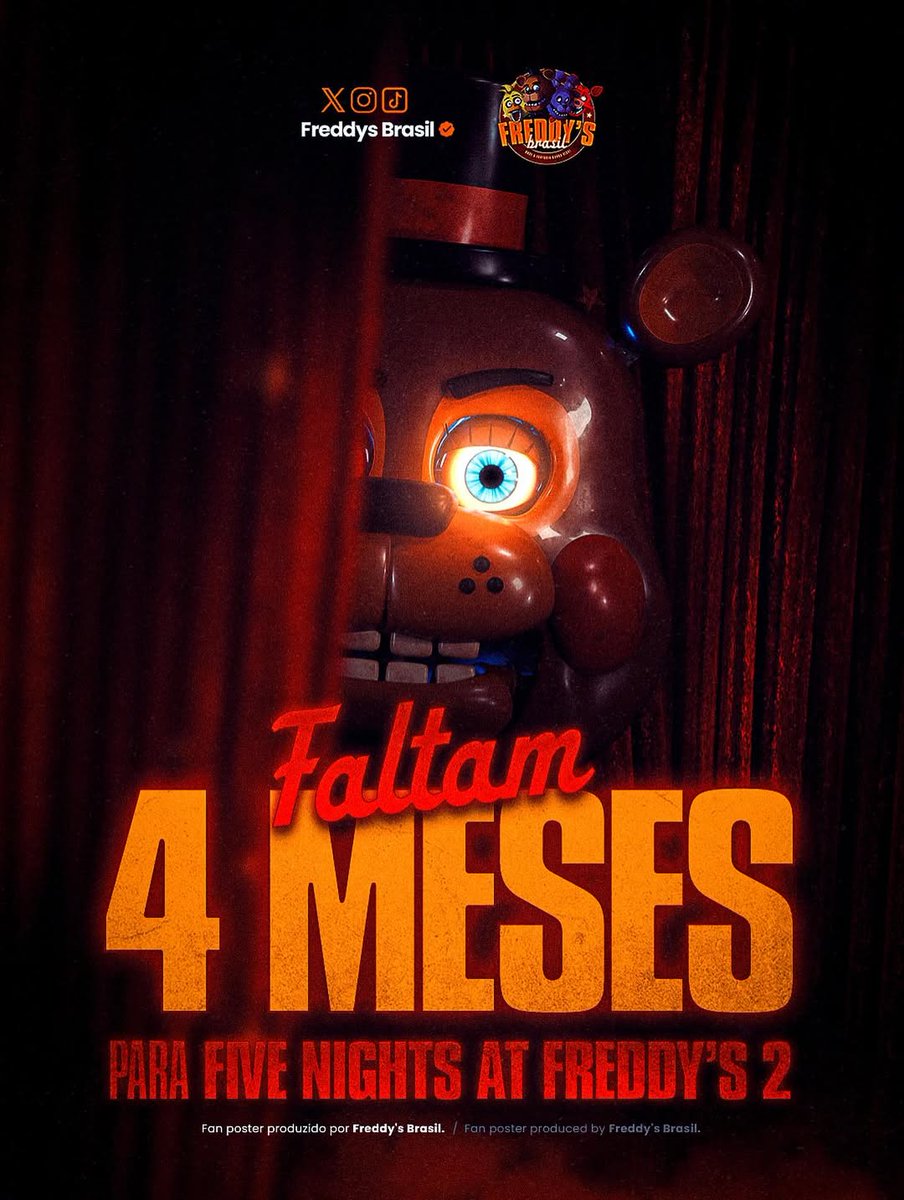 Faltam 4 MESES para a estreia de FIVE NIGHTS AT FREDDY’S 2 da Blumhouse! 🐻 

 No Brasil, o filme chega dia 4 de dezembro, exclusivamente nos cinemas! 🇧🇷 

 #FNAF #FNAF2Movie #FiveNightsAtFreddys #FNAFMovie2
