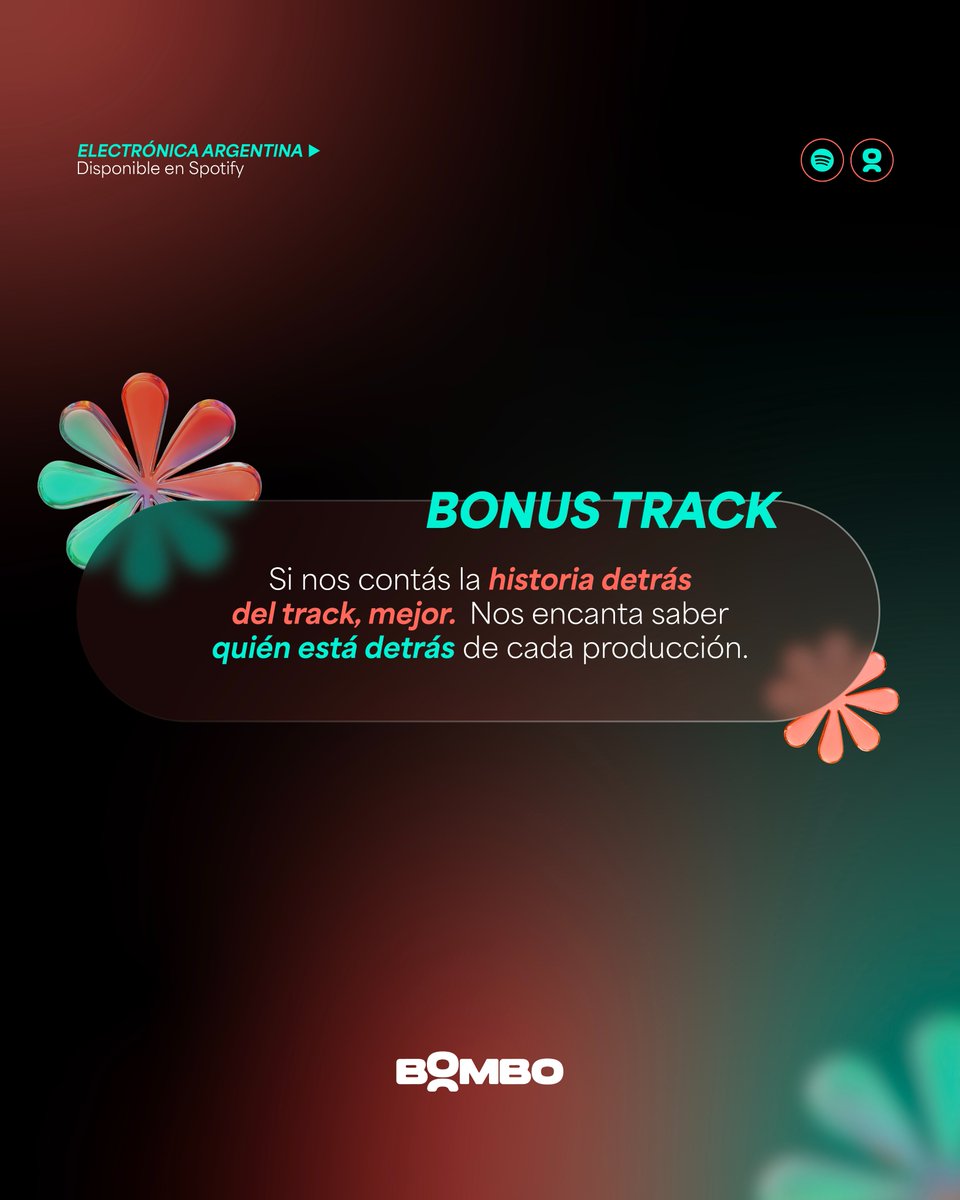 BOMBO (@bombocommunity) on Twitter photo ¿Sos productor y tenés un track que la rompe?
En BOMBO armamos una playlist en Spotify para amplificar el talento nacional 🇦🇷
Si tenés lanzamientos recientes, mandalos a releases@wearebombo.com
🎧 Queremos que tu música suene en todos lados. ¿Sos productor y tenés un track que la rompe?
En BOMBO armamos una playlist en Spotify para amplificar el talento nacional 🇦🇷
Si tenés lanzamientos recientes, mandalos a releases@wearebombo.com
🎧 Queremos que tu música suene en todos lados.