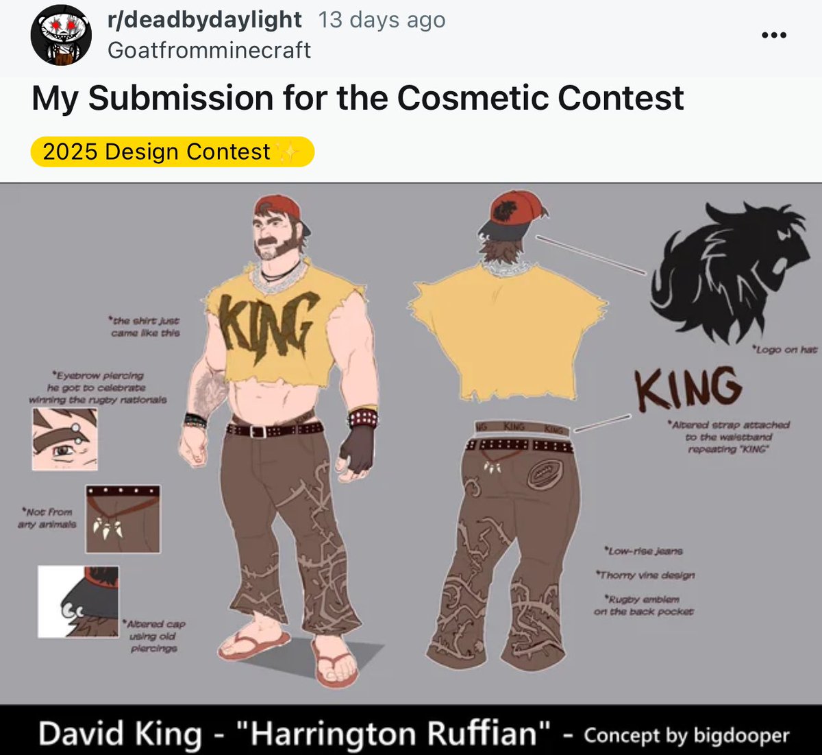 DBDSpringtrap's tweet image. hot take but not every male survivor needs a crop top skin. the jock strap is just entirely unnecessary as well. like ik the community is thirsty but it’s bordering on gross.