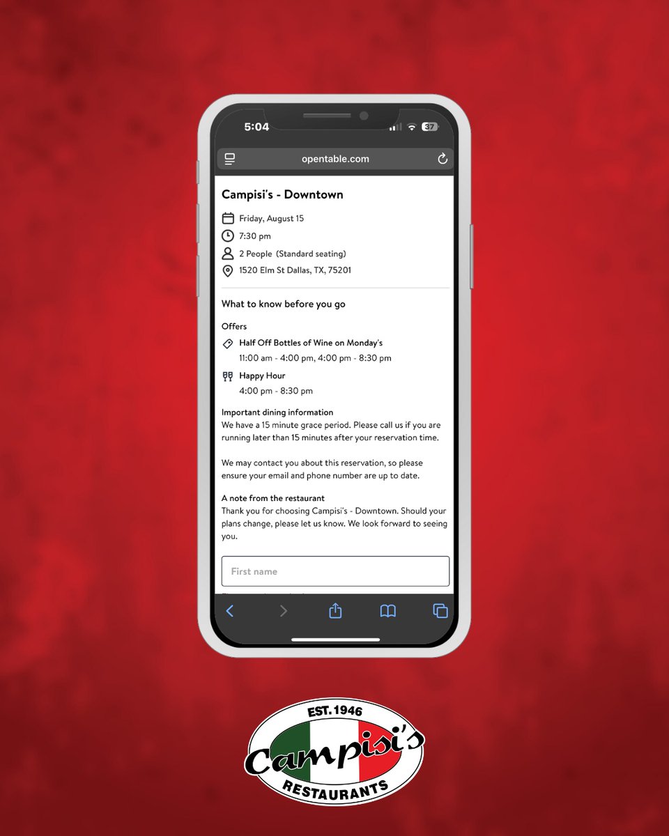 Planning a night out? Campisi’s now accepts OpenTable reservations at all locations — except Frisco, Plano, and Love Field. Whether it’s date night, family dinner, or a last-minute pizza craving, your table is just a click away. #OpenTable #Campisis #DFWfoodies #DallasEats