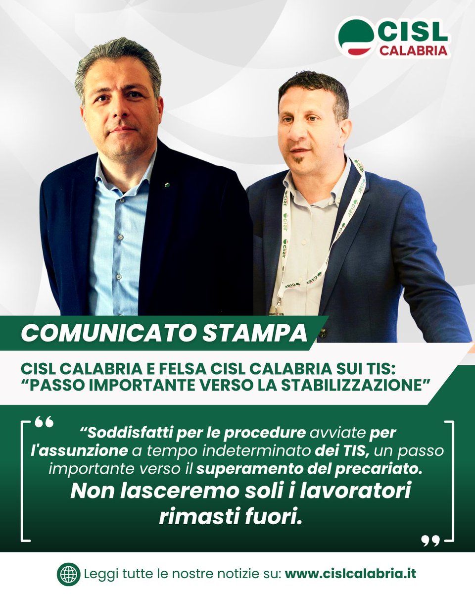 CISLCalabria's tweet photo. Giuseppe Lavia (#CISL Calabria) e Gianni Tripoli (#FELSA CISL Calabria): "Soddisfazione per i primi esiti delle procedure avviate per l'assunzione a tempo indeterminato dei Tirocinanti di Inclusione Sociale (#TIS). Non lasceremo soli i lavoratori non inseriti nella piattaforma". https://t.co/phP6IYPQiO