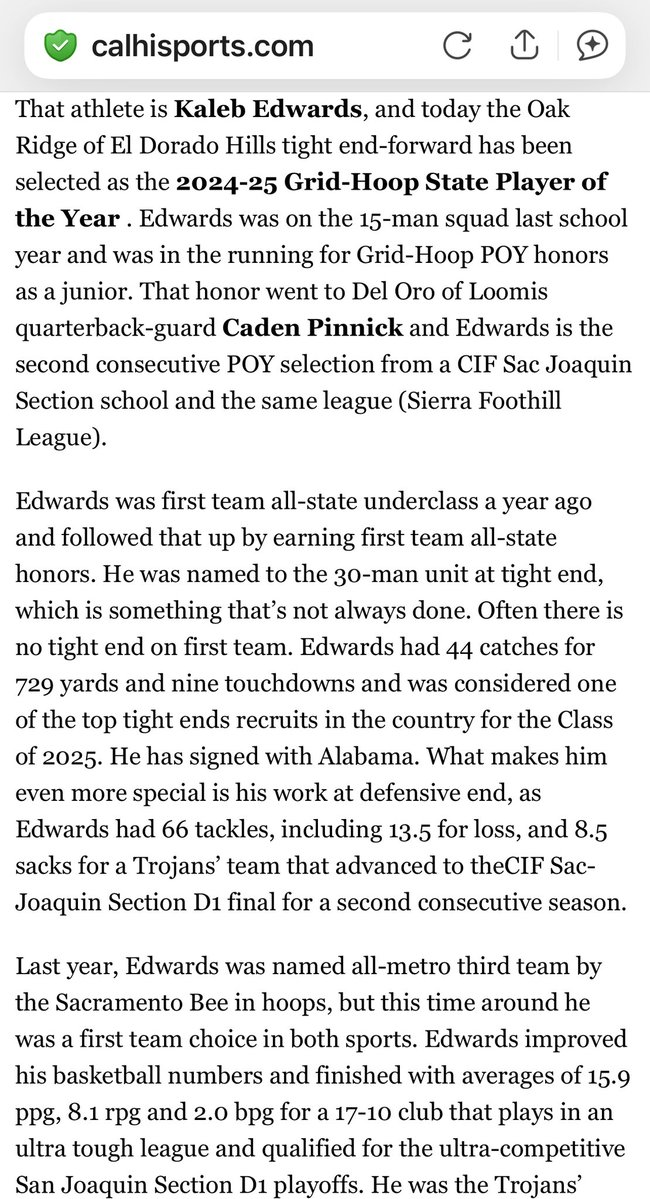 Oak Ridge Mens Basketball (@orhsmbb) on Twitter photo Congratulations to Kaleb Edwards being selected as the 2024-25 Grid-Hoop Player of the Year. <a href="/TROJANPRIDE80/">TROJAN PRIDE</a> <a href="/NorCalPreps/">NorCalPreps.com</a> <a href="/PrepHoops/">Prep Hoops 🏀</a> <a href="/WCPSacramento/">West Coast Preps Sacramento</a> <a href="/MaxPreps/">MaxPreps</a> <a href="/SacMaxPreps/">Sac-Joaquin MaxPreps</a> <a href="/AlabamaFTBL/">Alabama Football</a> Congratulations to Kaleb Edwards being selected as the 2024-25 Grid-Hoop Player of the Year. <a href="/TROJANPRIDE80/">TROJAN PRIDE</a> <a href="/NorCalPreps/">NorCalPreps.com</a> <a href="/PrepHoops/">Prep Hoops 🏀</a> <a href="/WCPSacramento/">West Coast Preps Sacramento</a> <a href="/MaxPreps/">MaxPreps</a> <a href="/SacMaxPreps/">Sac-Joaquin MaxPreps</a> <a href="/AlabamaFTBL/">Alabama Football</a>