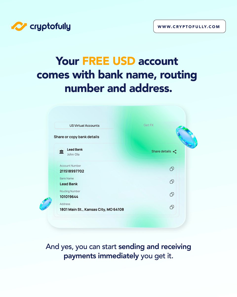 Are you a freelancer working with international clients?

Complete your onboarding on Cryptofully and get a FREE USD account to go!

Visit cryptofully.com to get started 

#Cryptofully #InternationalTransfer #USD #Freelancework