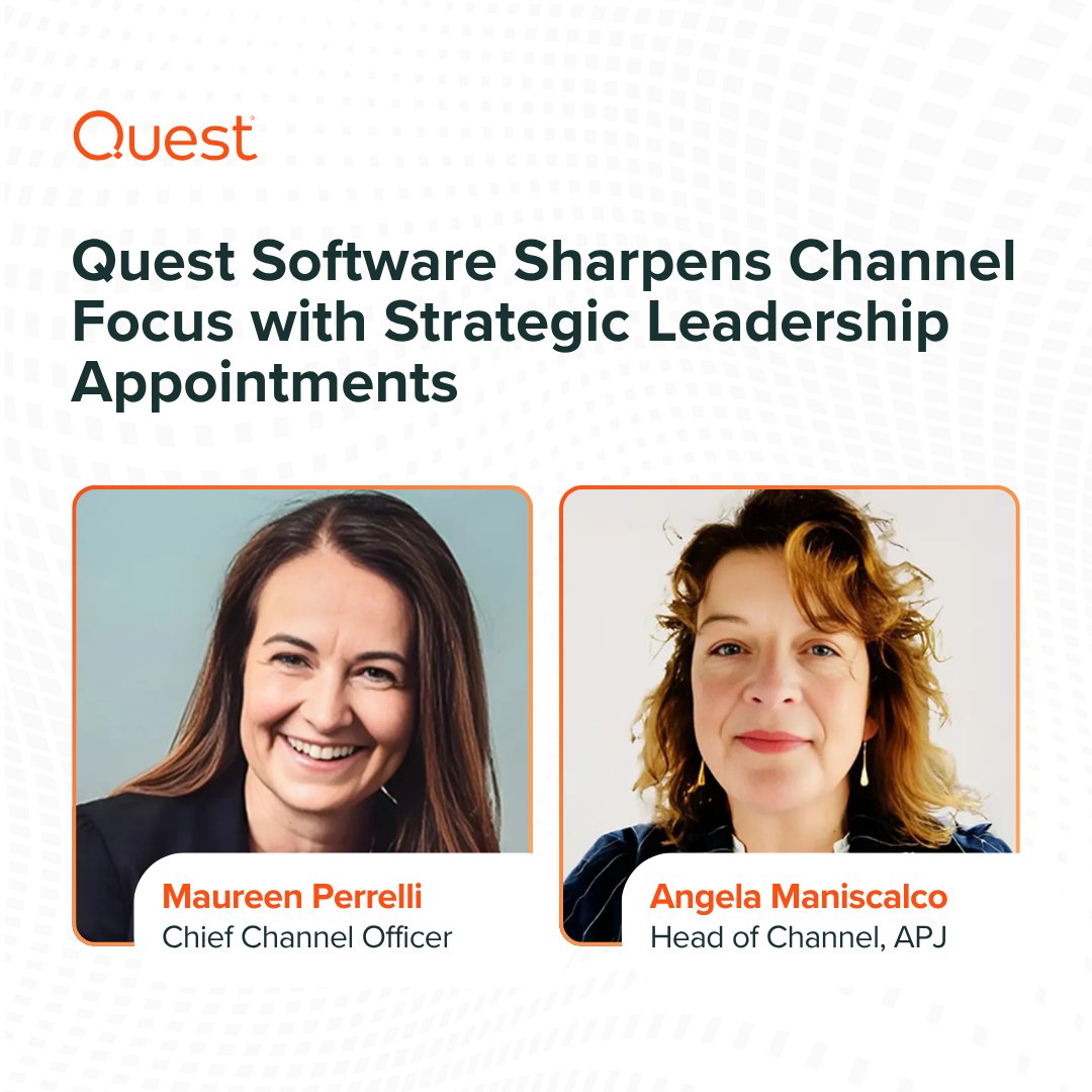 Quest Software (@quest) on Twitter photo We're strengthening our channel strategy with investments across cybersecurity, AI-ready data, and modernization, led by two new appointments: Maureen Perrelli as Chief Channel Officer and Angela Maniscalco as Head of Channel. Learn more in <a href="/techday_au/">TechDay Australia</a>! okt.to/Op03KT We're strengthening our channel strategy with investments across cybersecurity, AI-ready data, and modernization, led by two new appointments: Maureen Perrelli as Chief Channel Officer and Angela Maniscalco as Head of Channel. Learn more in <a href="/techday_au/">TechDay Australia</a>! okt.to/Op03KT