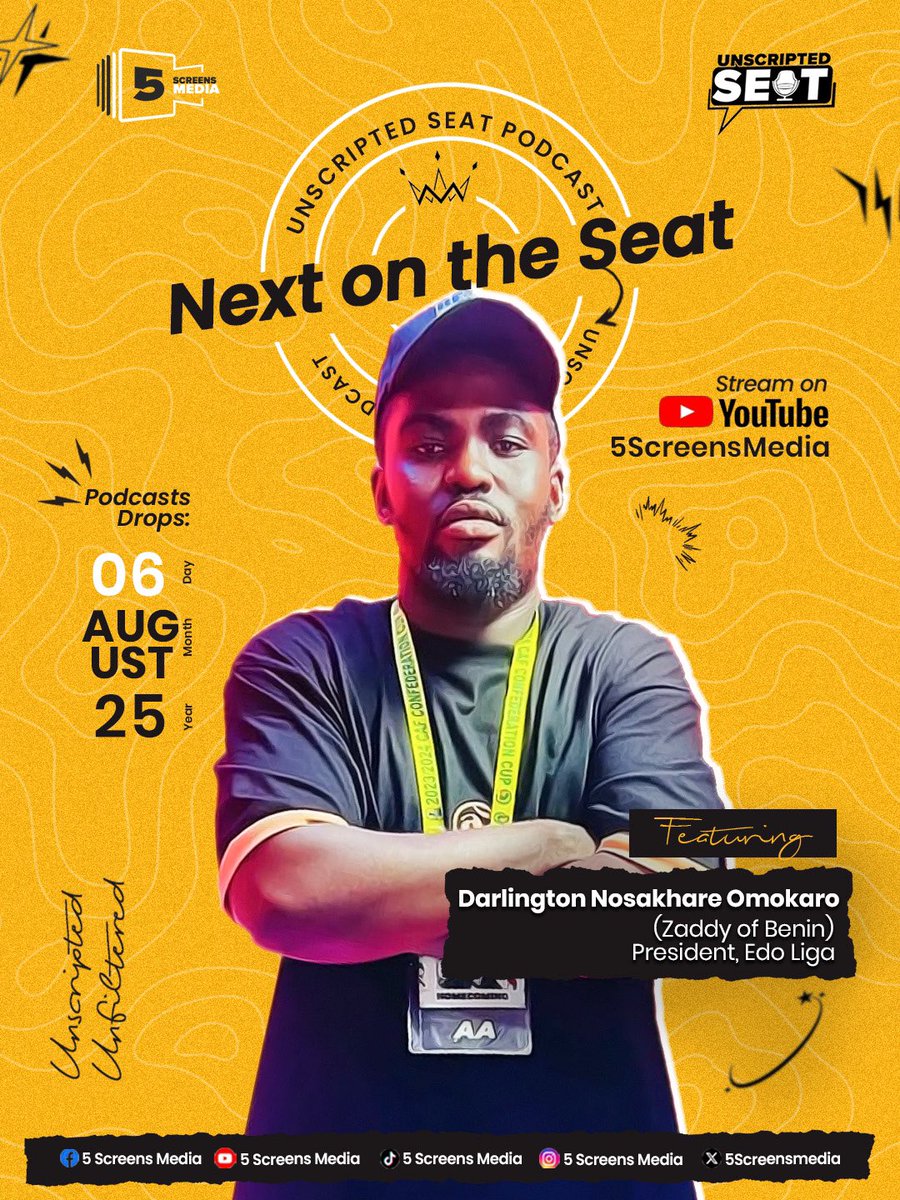 5screensmedia's tweet image. UP NEXT on Unscriptedseat is Darlington Nosakhare Omokaro (Zaddy of Benin) @zaddyofbenin 

New episode drops on Wednesday 2pm WAT on our YouTube channel 

@EDOCENTRIC_2 @GreatestEdo @EdoCommunity_ @EDOLITES 

#5screensmedia #unscriptedseat #lessonslearned  #PodcastStudio