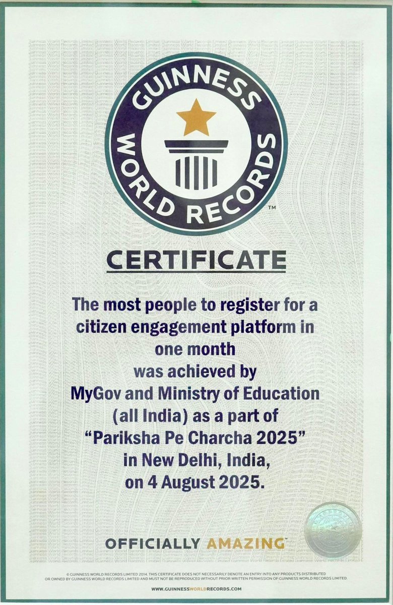 Amit Shah (@amitshah) on Twitter photo Congratulations to PM Shri <a href="/narendramodi/">Narendra Modi</a> Ji, students, teachers and schools on 'Pariksha Pe Charcha 2025' making it to the Guinness Book of World Records for clocking the highest number of participant registrations in a month.
This is a record-breaking feat which elevates the Congratulations to PM Shri <a href="/narendramodi/">Narendra Modi</a> Ji, students, teachers and schools on 'Pariksha Pe Charcha 2025' making it to the Guinness Book of World Records for clocking the highest number of participant registrations in a month.
This is a record-breaking feat which elevates the