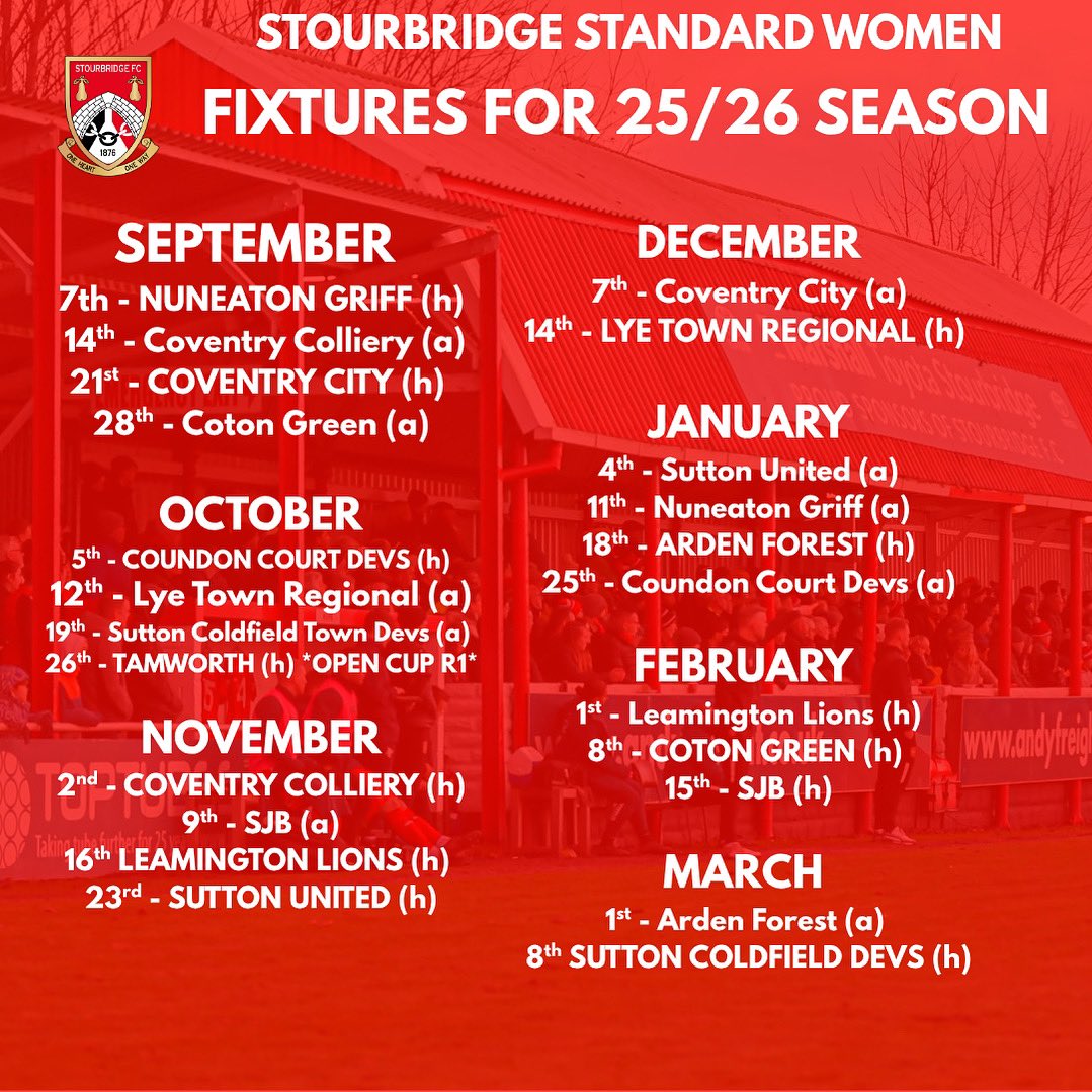 📆 Fixtures Release! 

The fixtures for the 25/26 Birmingham Counties Women’s Premier League have been released! 

We begin our campaign by hosting Nuneaton Griff, We have also been drawn at home to Tier 6 Tamworth Women in the first round of the Open Cup. 
.
.
.
#Glassgirls