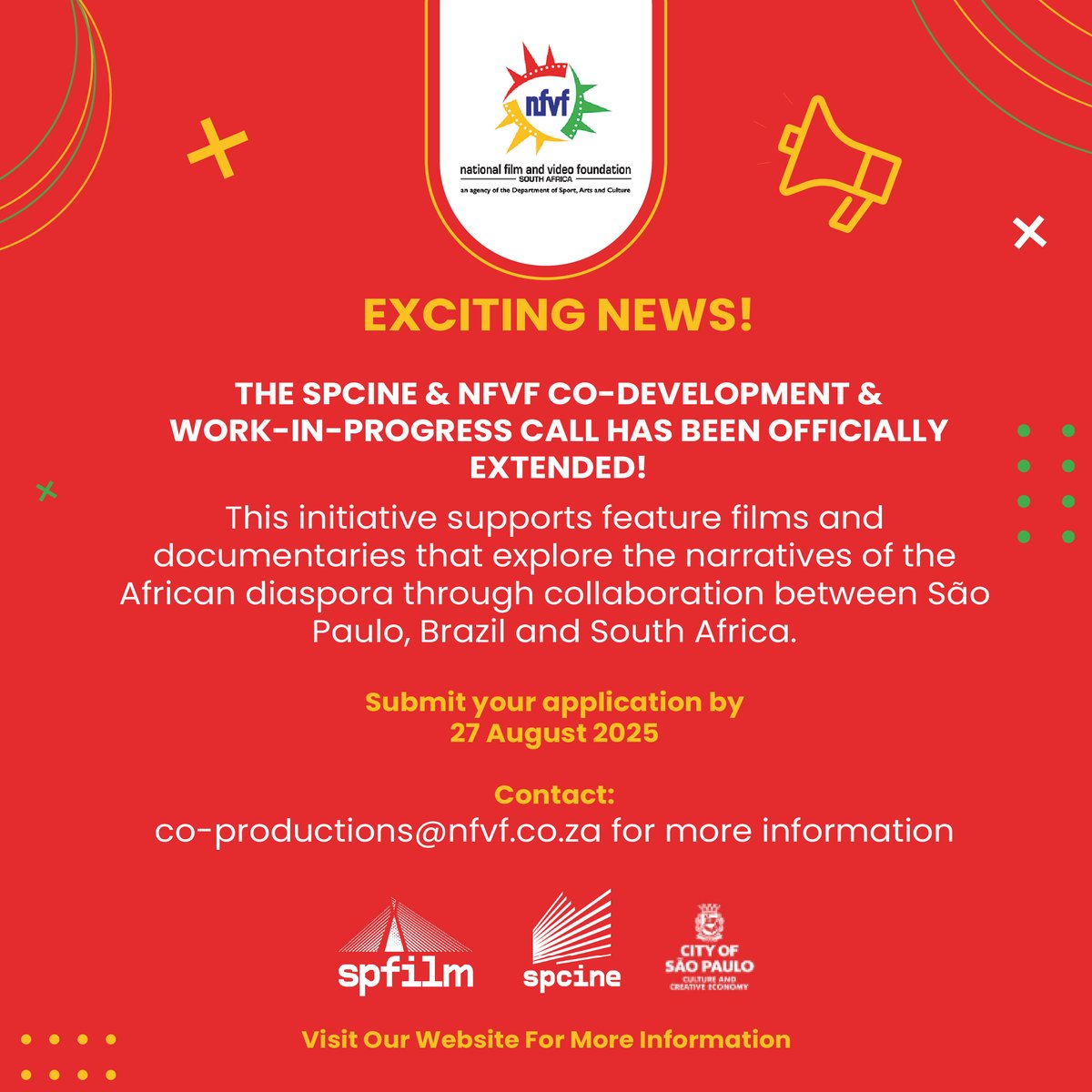 The SPCINE &amp; NFVF Co-Development &amp; Work-in-Progress Call has been officially extended!

📍 This initiative supports feature films and documentaries that explore the narratives of the African diaspora through collaboration between São Paulo, Brazil and South Africa.