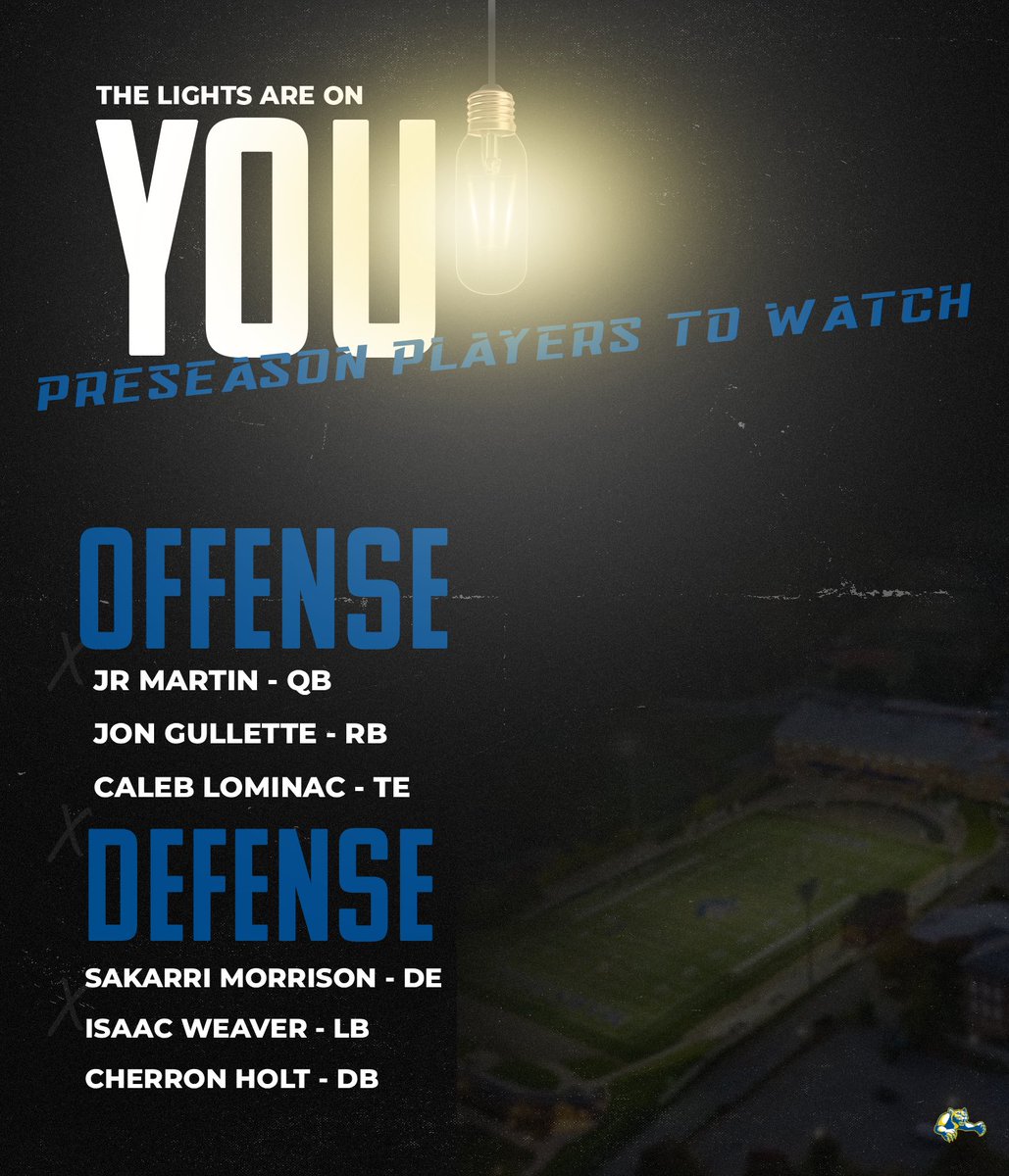 Our preseason players to watch have been named! The lights will be on these Lions this fall.

Offense:
Jr Martin - QB
Jon Gullette - RB
Caleb Lominac - TE

Defense:
Sakarri Morrison - DL
Isaac Weaver - LB
Cherron Holt - DB