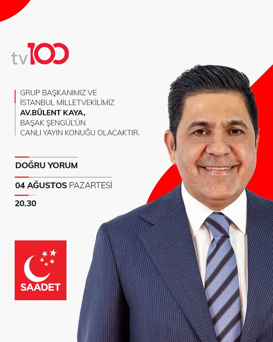 Grup Başkanımız ve İstanbul Milletvekilimiz Bülent Kaya, ‘Doğru Yorum’ programında Başak Şengül'ün canlı yayın konuğu olacaktır.

🗓 4 Ağustos Pazartesi (Bu Akşam)
🕰 20.30
📺 TV 100