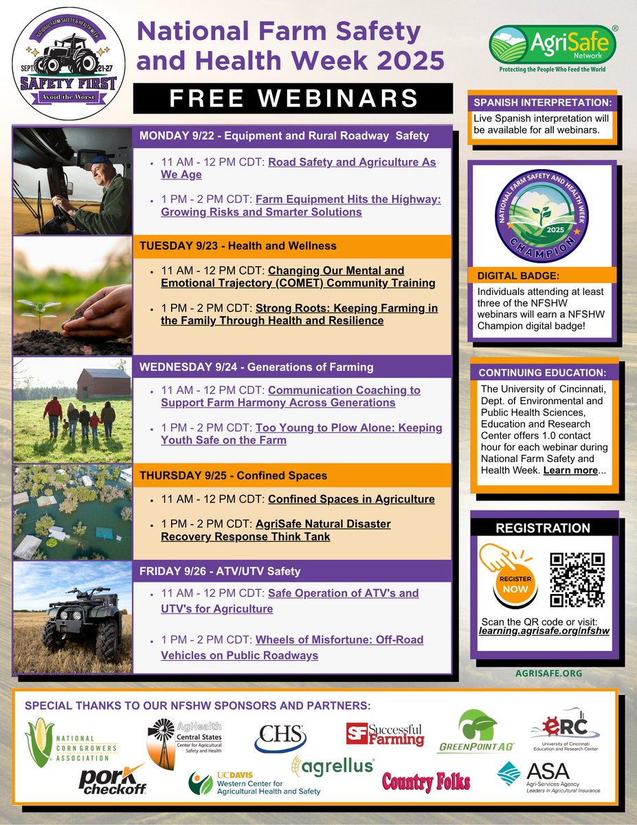 🚜 AgriSafe National Farm Safety and Health Week Webinars!
📅 Sept 22–26, 2025
💻 10 Free Webinars | 100% Virtual
 
Thanks to our sponsors, this series is free &amp; open to all working to protect ag communities!
 
👉 Register: learning.agrisafe.org/national-farm-…
 
#NFSHW2025 #FarmSafety