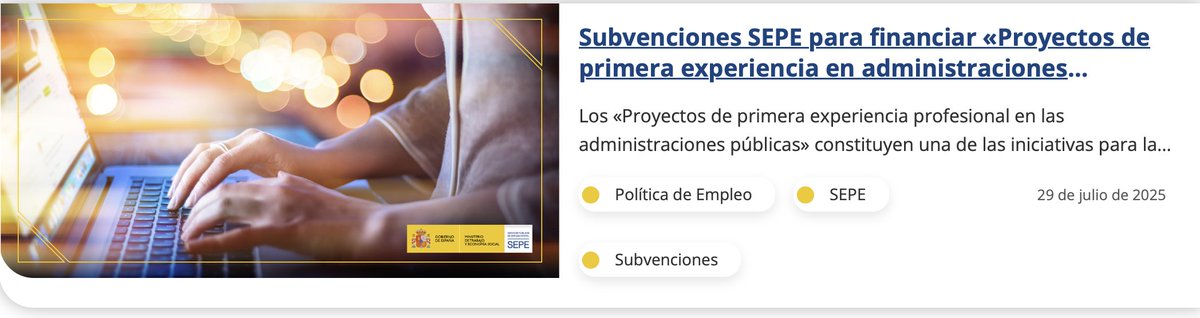 Subvenciones para la contratación de personas jóvenes desempleadas menores de treinta años en el marco de «Proyectos de primera experiencia en administraciones públicas» sepe.es/noticia/SEPE/2…