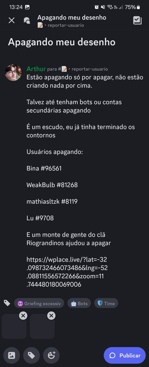 JustMrArthur's tweet photo. @wplacelive não consigo mandar no disc, ajuda aí 🙏 https://t.co/UM8OH1znMG