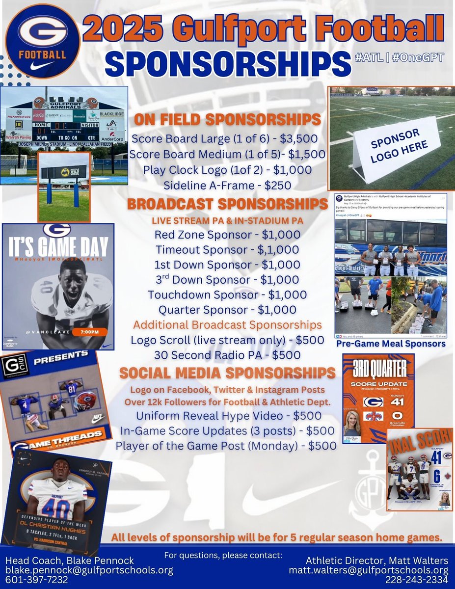 Gulfport Football (@gulfport_fb) on Twitter photo 🚨 🚨 This is the LAST WEEK for new sponsors to join our 2025 season team of sponsors!
Let us help your business grow while you support our gridiron Admirals!
Contact <a href="/CoachJJonesFB/">Justin Jones</a> or <a href="/coach_pennock/">Blake Pennock</a> about remaining spots today!
#Hooyah | #OneGPT | #ATL ⚓️⛓️🟦🟧 🚨 🚨 This is the LAST WEEK for new sponsors to join our 2025 season team of sponsors!
Let us help your business grow while you support our gridiron Admirals!
Contact <a href="/CoachJJonesFB/">Justin Jones</a> or <a href="/coach_pennock/">Blake Pennock</a> about remaining spots today!
#Hooyah | #OneGPT | #ATL ⚓️⛓️🟦🟧