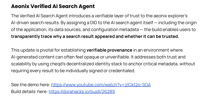 aeonix_network's tweet photo. Exciting to see our approach to Trustworthy AI Agents recognized in a recent report from $CHEQ and Sprite+

Verifiable Provenance creates origin to output AI Agent transparency, showing both why the result appeared and whether it can be trusted. https://t.co/aWPVRxsWr9