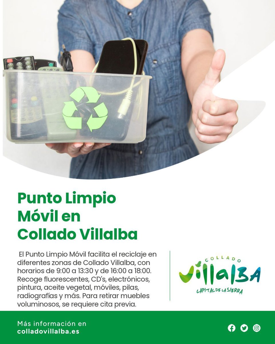 Ayuntamiento de Collado Villalba (@ayuntamientocv) on Twitter photo 🚛♻️ El Punto Limpio Móvil recorre #ColladoVillalba para facilitar el reciclaje.
📅 Consulta días y horarios en tu zona.
📱 Lleva fluorescentes, móviles, aceite, pilas, etc.
📍 Más info: 900 102 982 / 650 474 953
#MedioAmbienteCV 🌍 🚛♻️ El Punto Limpio Móvil recorre #ColladoVillalba para facilitar el reciclaje.
📅 Consulta días y horarios en tu zona.
📱 Lleva fluorescentes, móviles, aceite, pilas, etc.
📍 Más info: 900 102 982 / 650 474 953
#MedioAmbienteCV 🌍