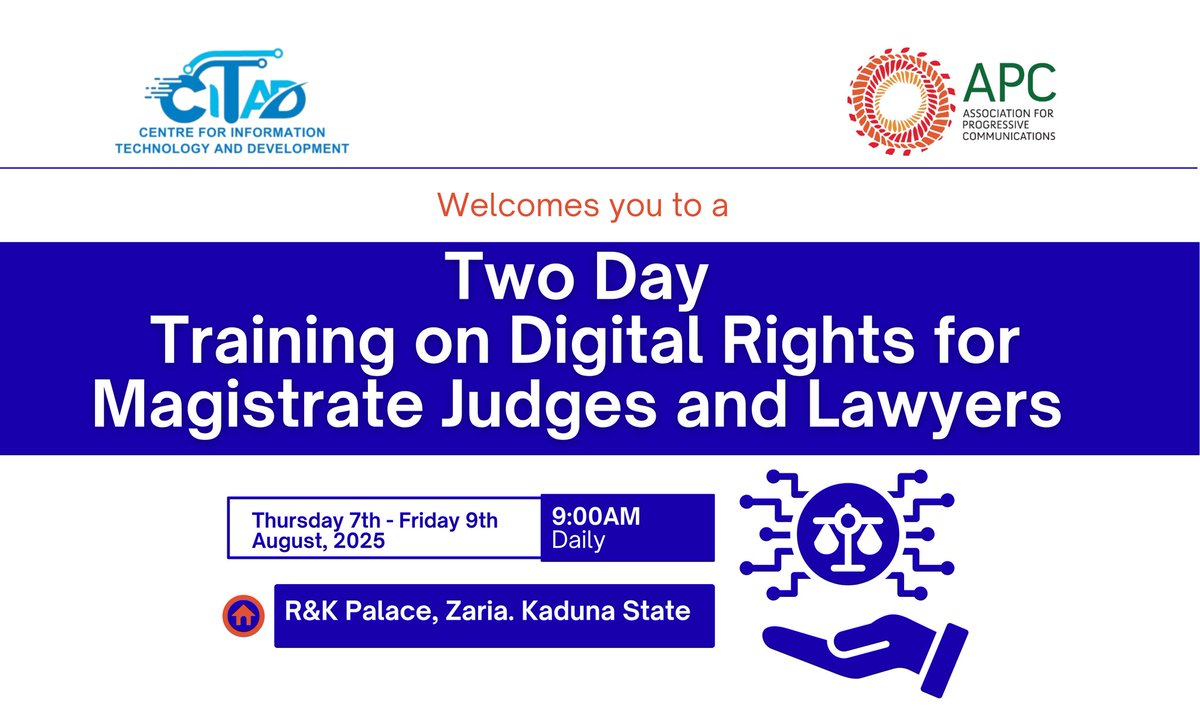 With support from <a href="/APC_News/">APC</a>, <a href="/ICTAdvocates/">CITAD</a> is organizing a two-day training on Digital Rights for Magistrate Judges &amp; Lawyers. The training aims to strengthen the participants' capacity on how to handle Digital Rights cases &amp; create awareness at grassroots level <a href="/YZYau/">Yunusa Ya'u</a> <a href="/a_sabo12/">Ali Sabo</a>