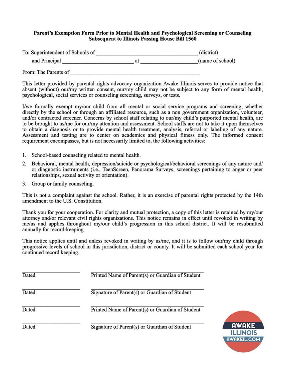 Schools aren’t clinical centers of care and they can never duplicate a clinical setting. 

We have 30% literacy rates in Illinois.

K-12 schools need to focus on academics, not mental health screenings administered by woke activists. 

Opt out!