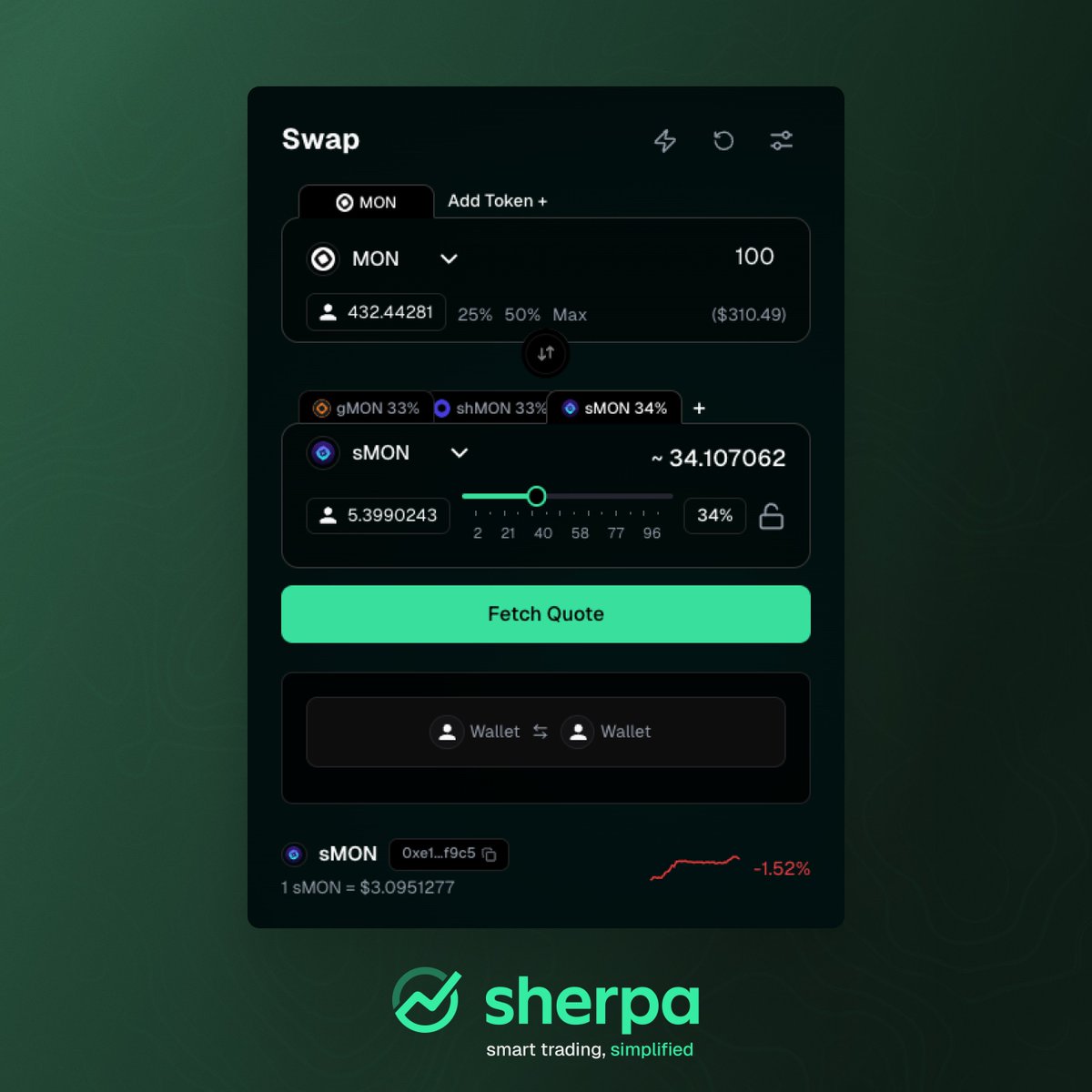 Swap your $MON into a basket of LSTs like $gMON, $shMON, and $sMON in a single transaction.

One-click diversification  → app.sherpa.trade