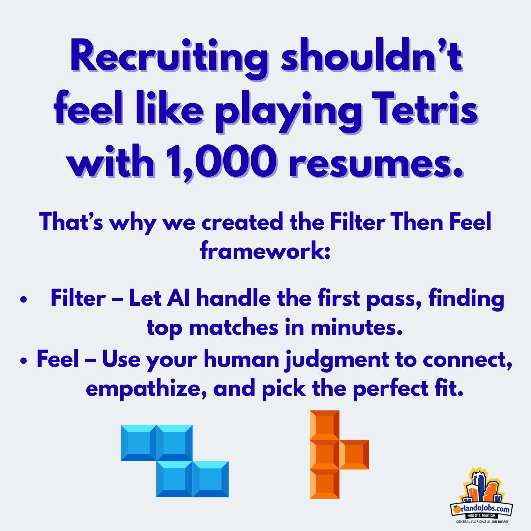 OrlandoJobs's tweet image. Hiring shouldn’t feel like playing Tetris with 1,000 resumes. That’s why we built the Filter Then Feel framework. Discover how this approach saves time and helps you connect with great talent.

Learn more at hubs.ly/Q03B7JrS0
#Recruiting #HiringTips #AIRecruiting