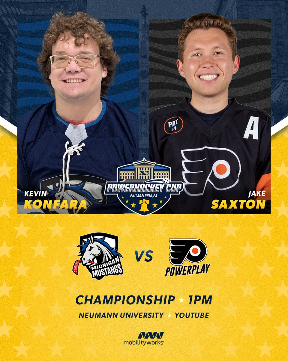 2025 Powerhockey Cup (@2025phc) on Twitter photo The 2025 Powerhockey Cup championship game is here! See the <a href="/MichiganMustang/">Michigan Mustangs</a> of <a href="/TheWCHL/">Wheelchair Hockey Lg</a> and <a href="/FlyersPwrPlay/">Philadelphia Flyers PowerPlay</a> Black battle for the coveted Powerhockey Cup at 1PM.
Watch live: youtube.com/watch?v=02Vcsk…
#PlayOn | <a href="/mobilityworks/">MobilityWorks</a> The 2025 Powerhockey Cup championship game is here! See the <a href="/MichiganMustang/">Michigan Mustangs</a> of <a href="/TheWCHL/">Wheelchair Hockey Lg</a> and <a href="/FlyersPwrPlay/">Philadelphia Flyers PowerPlay</a> Black battle for the coveted Powerhockey Cup at 1PM.
Watch live: youtube.com/watch?v=02Vcsk…
#PlayOn | <a href="/mobilityworks/">MobilityWorks</a>