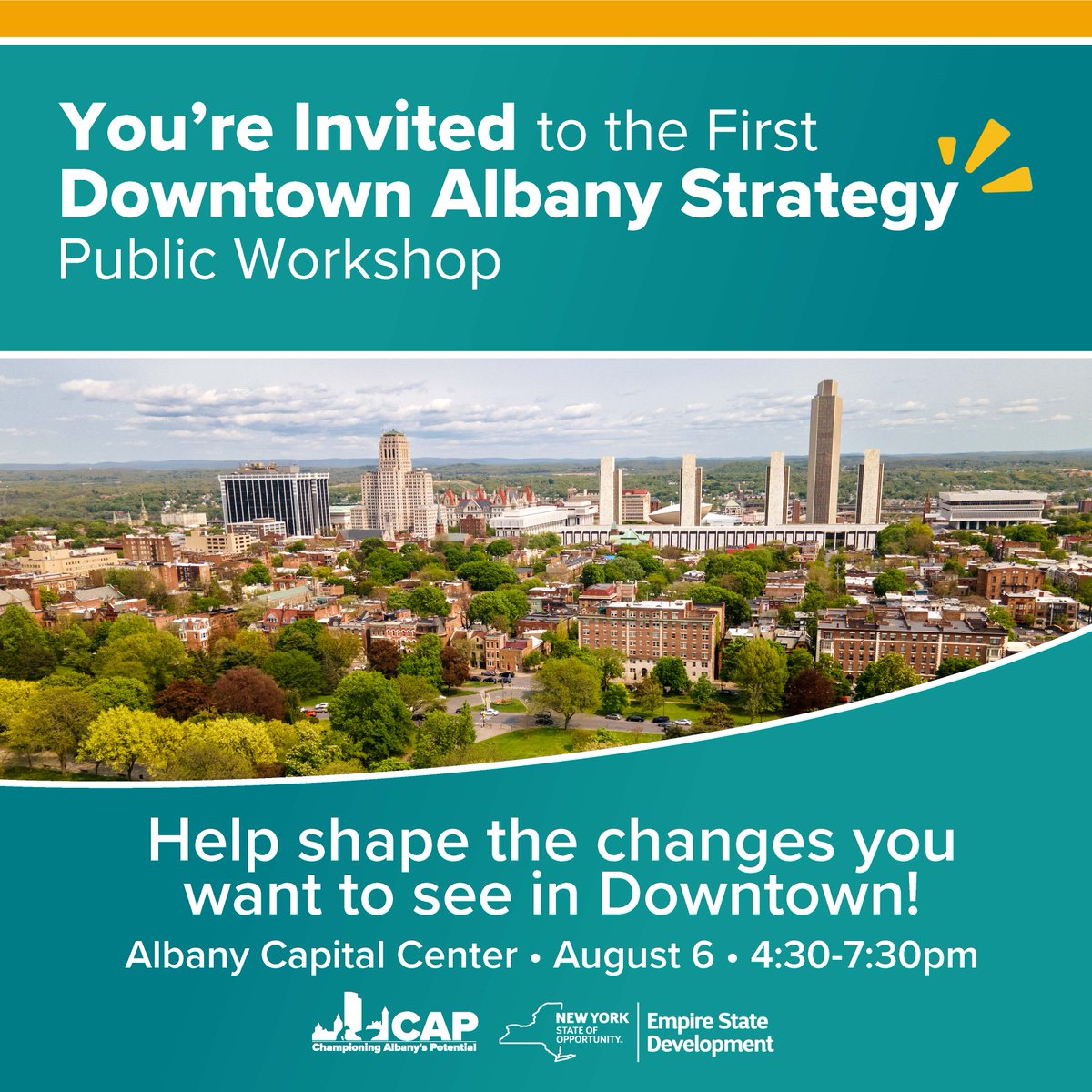 📣 You are invited to participate in the first public workshop for the Downtown Albany Strategy. Input will help guide State investments over the next 5–10 years to improve public spaces, make streets safer, support local businesses &amp; create more housing. esd.ny.gov/cap-initiative
