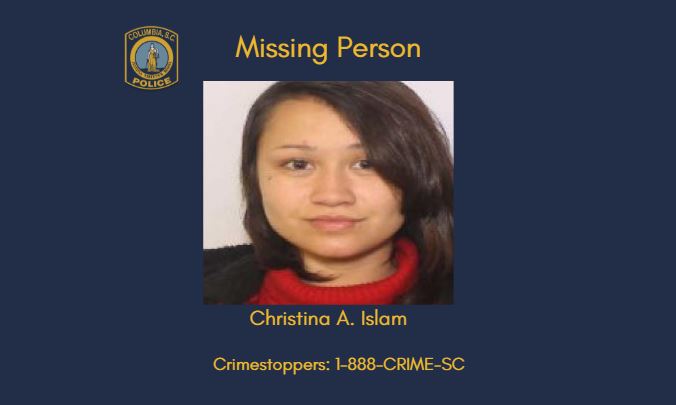 ‼️Missing Person Notification: #ColumbiaPDSC Special  Victims Unit (SVU) investigators are looking for 31-year-old Christina Islam. 
She was reported missing on 7/30 after not returning to a Pendleton St. home after running an errand. 
Islam was last seen wearing black pants w/a
