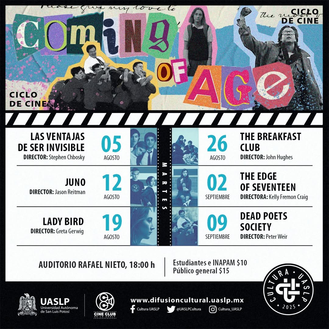 UASLP (@lauaslp) on Twitter photo Ya viene el Ciclo de Cine: 𝐂𝐨𝐦𝐢𝐧𝐠 𝐨𝐟 𝐀𝐠𝐞 de <a href="/CineClubUASLP/">Cine Club UASLP</a>, una selección de películas 🎥 que retratan el viaje de crecer, cambiar y encontrarse a uno mismo.
📌 A partir del 05 de agosto.
Auditorio Rafael Nieto.
Público general $15 Estudiantes e INAPAM $10.
#UASLP Ya viene el Ciclo de Cine: 𝐂𝐨𝐦𝐢𝐧𝐠 𝐨𝐟 𝐀𝐠𝐞 de <a href="/CineClubUASLP/">Cine Club UASLP</a>, una selección de películas 🎥 que retratan el viaje de crecer, cambiar y encontrarse a uno mismo.
📌 A partir del 05 de agosto.
Auditorio Rafael Nieto.
Público general $15 Estudiantes e INAPAM $10.
#UASLP