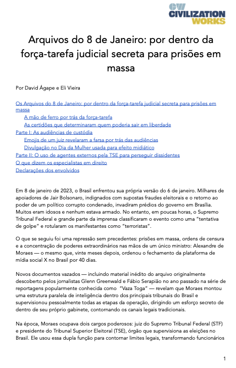 Michael Shellenberger (@shellenberger) on Twitter photo Solicitamos comentários ao STF, ao TSE, à Procuradoria-Geral da República, ao Exército Brasileiro, a Moraes e a outros indivíduos no grupo de WhatsApp. Nenhum respondeu até o momento da publicação.
Leia a investigação completa de <a href="/david_agape_/">David Ágape</a> & <a href="/EliVieiraJr/">Eli Vieira</a> aqui: Solicitamos comentários ao STF, ao TSE, à Procuradoria-Geral da República, ao Exército Brasileiro, a Moraes e a outros indivíduos no grupo de WhatsApp. Nenhum respondeu até o momento da publicação.
Leia a investigação completa de <a href="/david_agape_/">David Ágape</a> & <a href="/EliVieiraJr/">Eli Vieira</a> aqui: