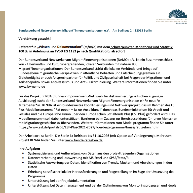 📣 Bundesverband Netzwerke von Migrant*innenorganisationen e.V. sucht Referent*in „#Wissen und #Dokumentation“ (m/w/d) mit dem Schwerpunkten #Monitoring und #Statistik, 100% | #Berlin

📅 Frist: 20. August 2025

➡️kultweet.de/jobs/bv-nemo-W…

#Job #Stellenausschreibung <a href="/BV_NeMO/">BV Netzwerke von Migrant*innenorganisationen</a>