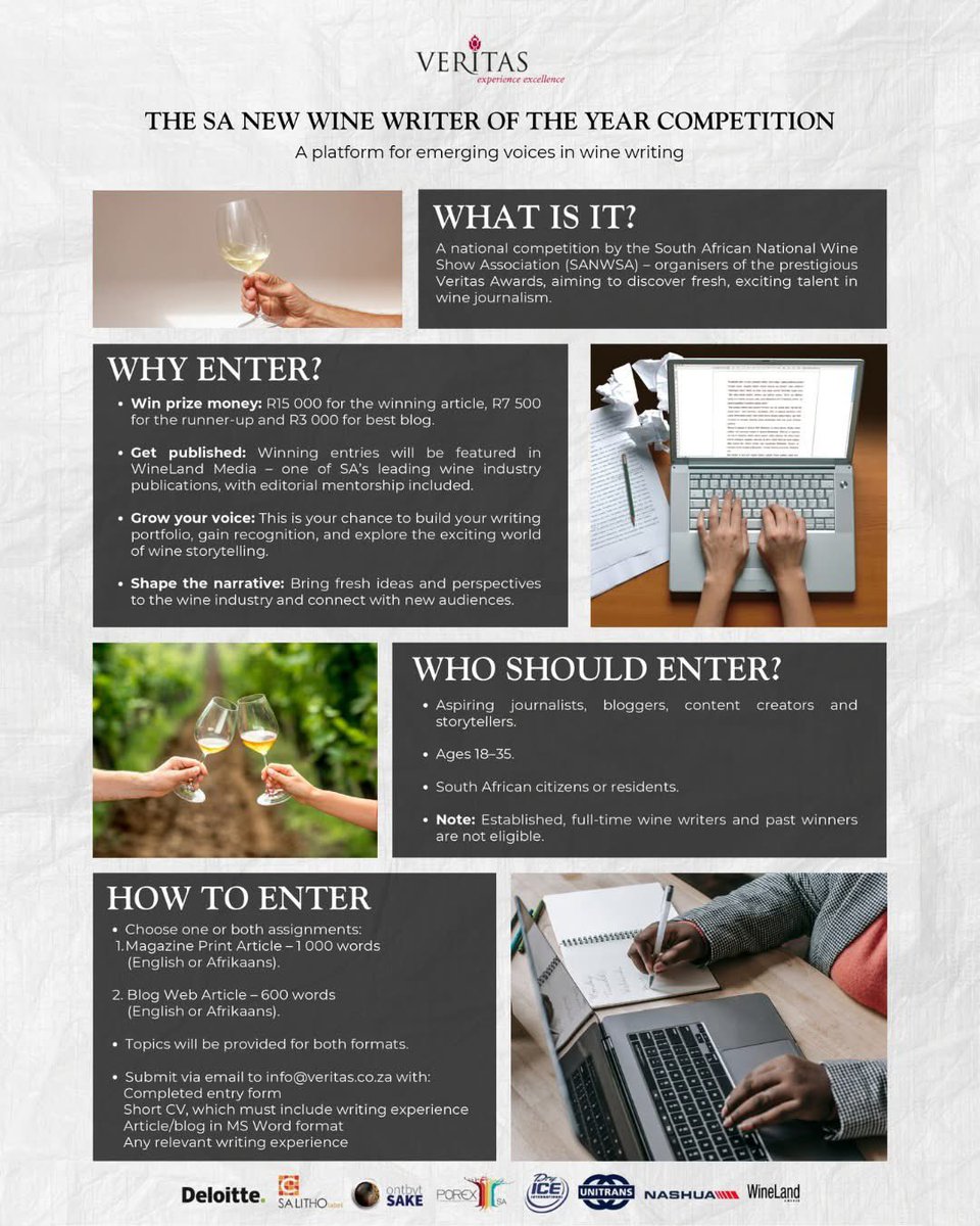 2025 ENTRIES NOW OPEN FOR BEST NEW WINE WRITER IN SA
The 2025 SA New Wine Writer of the Year Competition for writers 35 years old or younger, is now open for entries.
For more details on the topic and how to enter, veritas.co.za/entries-now-op…