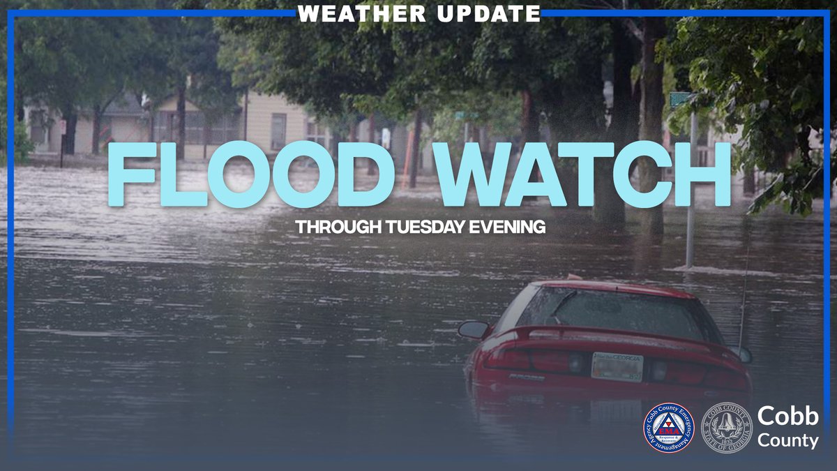 🌧 FLOOD WATCH IN EFFECT for Cobb County through Tuesday evening 🌧

Heavy rain could lead to flooding in rivers, creeks, and low-lying areas — especially in spots with poor drainage.

📲 Stay safe and informed — download the CobbGov app for real-time weather alerts and updates.