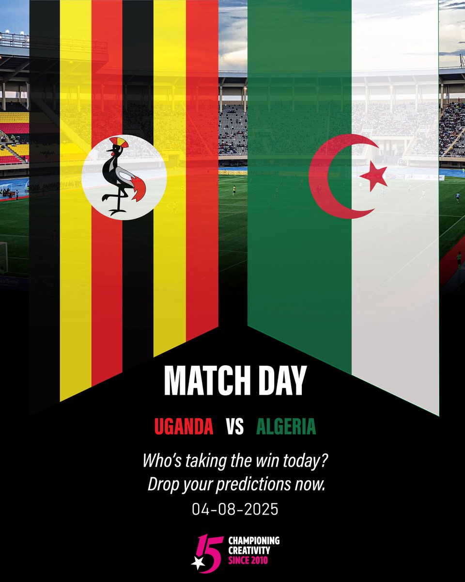 jude_color's tweet photo. It’s Match Day!
UGANDA 🇺🇬 vs 🇩🇿 ALGERIA
Who’s bringing the heat and claiming victory today? 🔥
Drop your score predictions in the comments! ⚽
#MatchDay #UgandaVsAlgeria #FootballVibes #TeamSpirit #JudeColorSolutions #ChampioningCreativity #LetsGoCreative https://t.co/oxtlldEgkQ