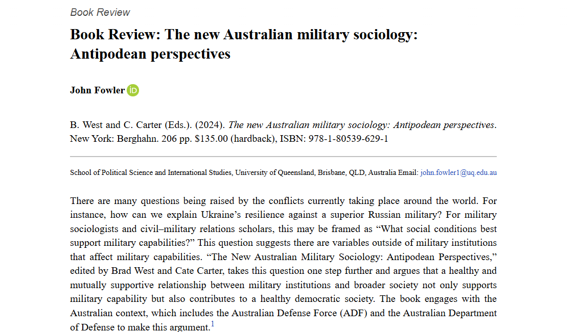 Armed Forces & Society (@afs_sage) on Twitter photo New in OnlineFirst: Book Review: The new Australian military sociology: Antipodean perspectives - John Fowler (<a href="/jfowl37/">John Fowler</a>), 2025 journals.sagepub.com/doi/10.1177/00… New in OnlineFirst: Book Review: The new Australian military sociology: Antipodean perspectives - John Fowler (<a href="/jfowl37/">John Fowler</a>), 2025 journals.sagepub.com/doi/10.1177/00…