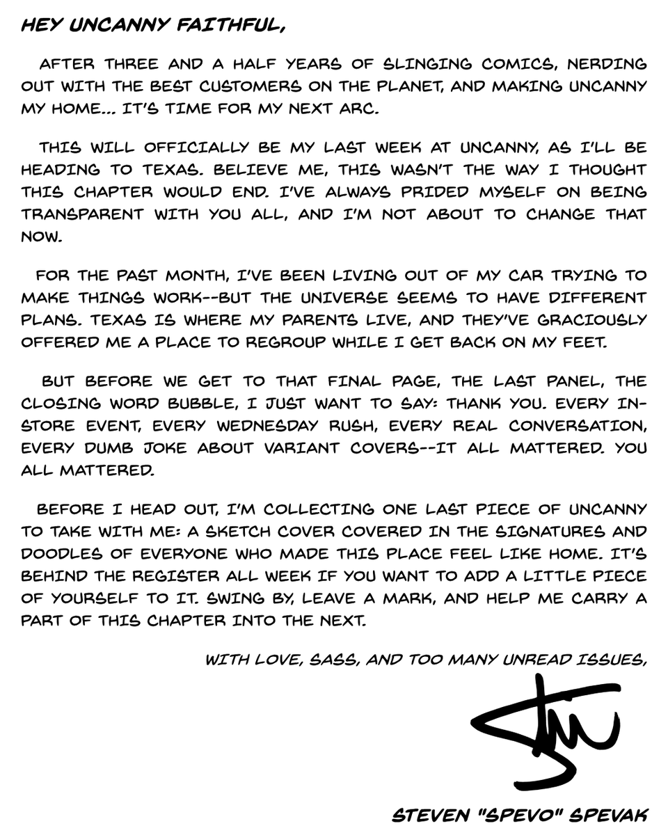 UncannyOnline's tweet photo. "Thank you for making uncanny home..."

A Letter from Uncanny King of Prussia Assistant Manager,

Steven "Spevo" Spevak https://t.co/VWMJfGnSlt