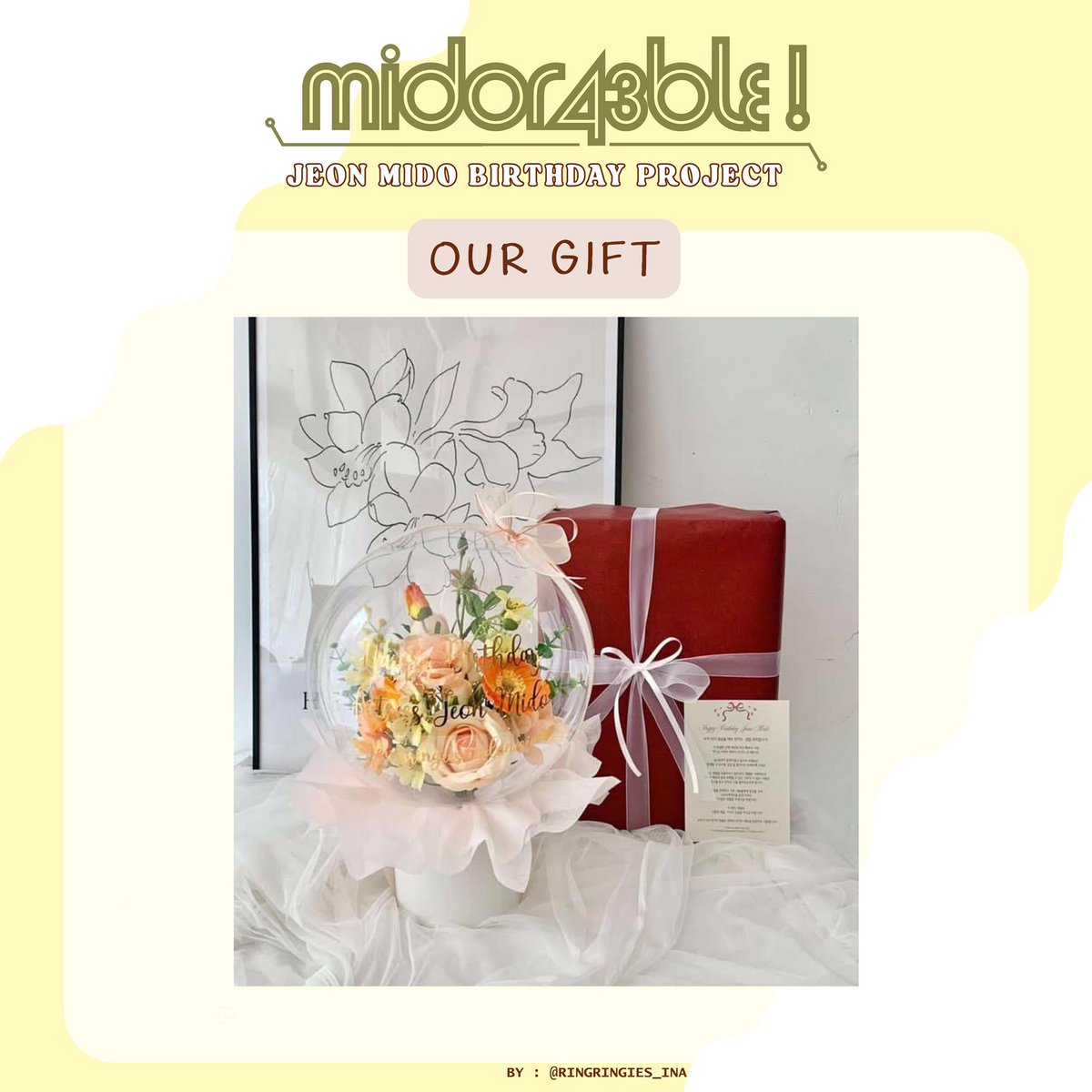 Ringringies_INA's tweet photo. 🌻Happy Mido Day 🌻

We hope our gifts will put a pretty smile on her lips~~

#JeonMido #전미도 #midoring https://t.co/1RsI6vF4Mf