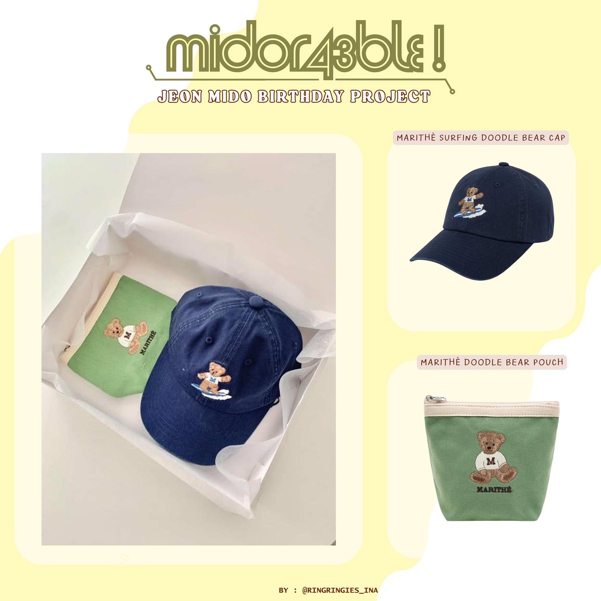 Ringringies_INA's tweet photo. 🌷 Flower Balloon🌷
Lettering flowers balloon :
 “Happy birthday Actress Jeon Mido. 

🧸 MARITHÈ DOODLE BEAR CAPS &amp; POUCH 🧸

Thank you to all donors who have participated wiith us to this project.  Thank you for always supporting and loving Midoring🧡✨

— Saranghamido~~ https://t.co/L808YNgVBT