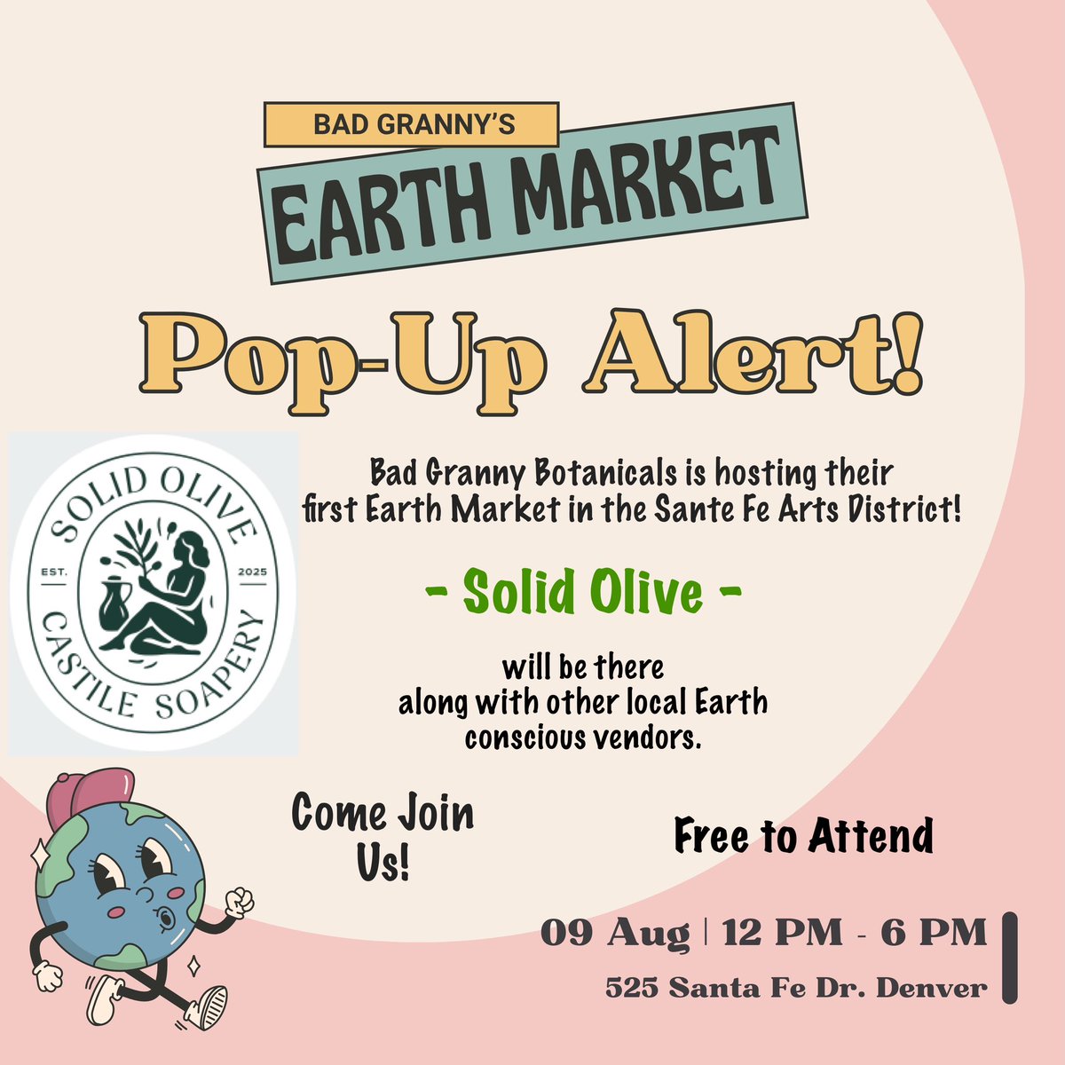 SolidOliveSoap's tweet photo. This Saturday, August 9th, Solid Olive will be joining Bad Granny Botanicals as they host their first Earth 🌎 Market in the Sante Fe Arts district!

Buy $50 of Castile bar soaps 🧼 from Solid Olive, get a free tote bag!

https://t.co/u6oLlZhKv3 #denvermarkets #solidolive #Earth https://t.co/1j6CNwCxew