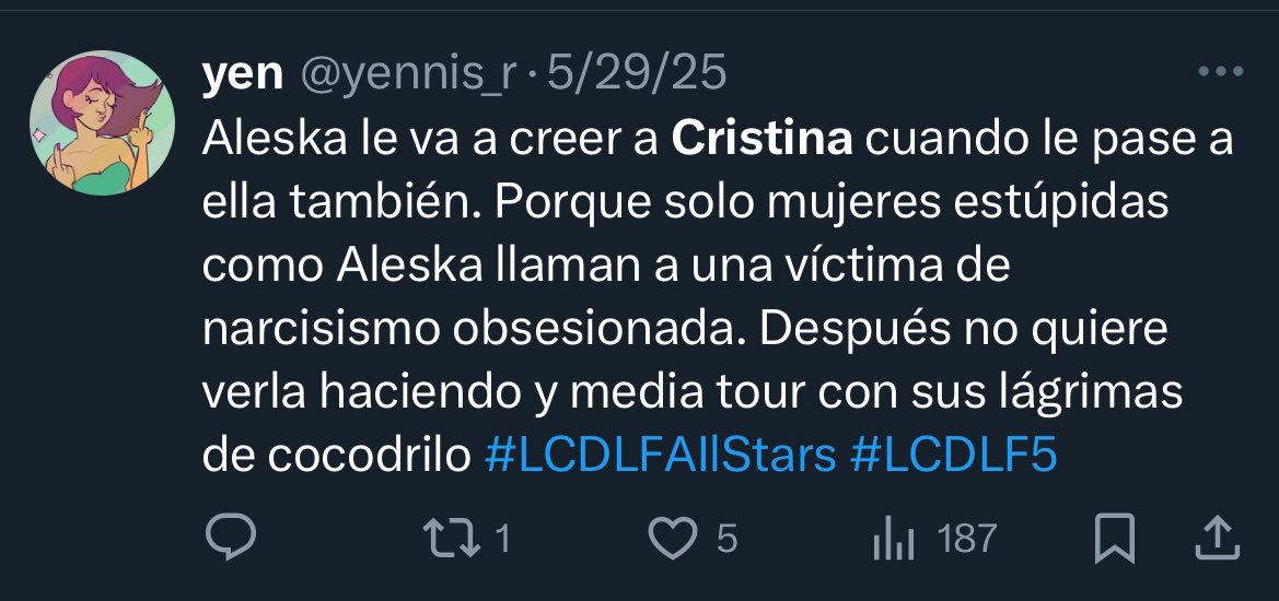 yennis_r's tweet photo. Literal 2 meses después se dio cuenta que lo que Cristina decía del media pasta era cierto. Pero según #Aleska #Rateska Cristina era una mentirosa obsesionada 😂😂😂 es que el chiste se cuenta solo #LCDLFAllStars #LCDLF5 https://t.co/UF8bwRf9q6