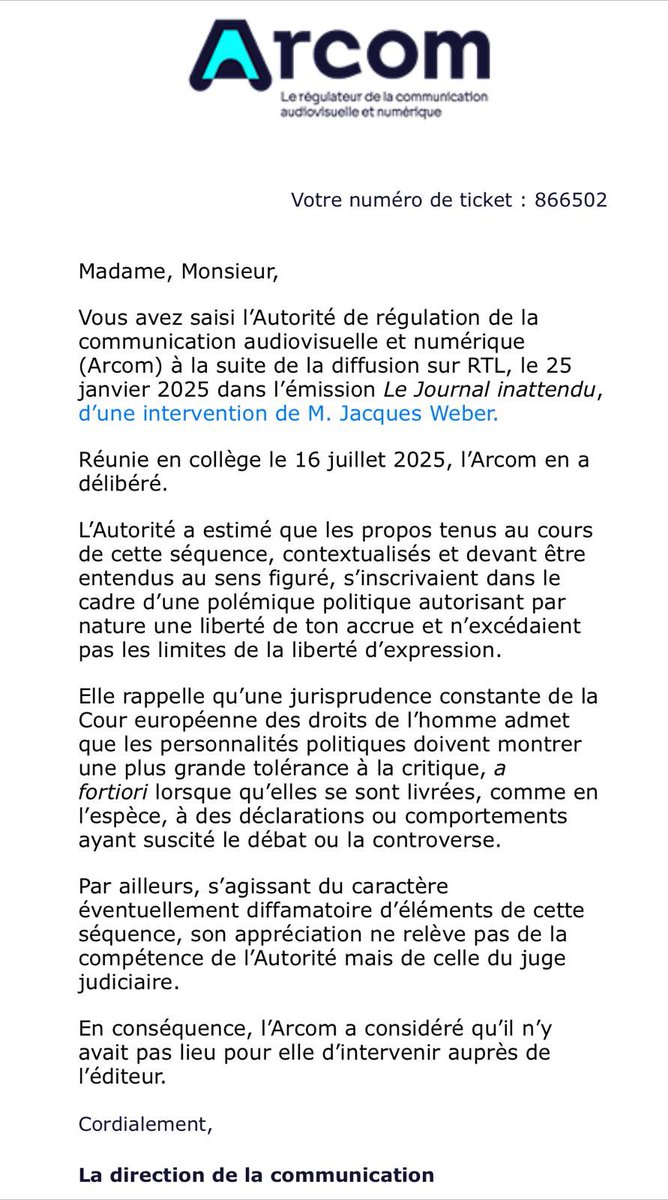 Observatoire du journalisme (Ojim) (@ojim_france) on Twitter photo 🚨"Jacques Weber veut tuer Trump et l'ARCOM approuve" : l'ARCOM rejette la plainte de <a href="/ROverseasFrance/">Republicans Overseas France</a> à la suite des propos de l'acteur Jacques Weber appelant à "éliminer Trump littéralement" sur RTL ; l'ARCOM estime que ses propos "devaient être entendus au sens figuré". 🚨"Jacques Weber veut tuer Trump et l'ARCOM approuve" : l'ARCOM rejette la plainte de <a href="/ROverseasFrance/">Republicans Overseas France</a> à la suite des propos de l'acteur Jacques Weber appelant à "éliminer Trump littéralement" sur RTL ; l'ARCOM estime que ses propos "devaient être entendus au sens figuré".