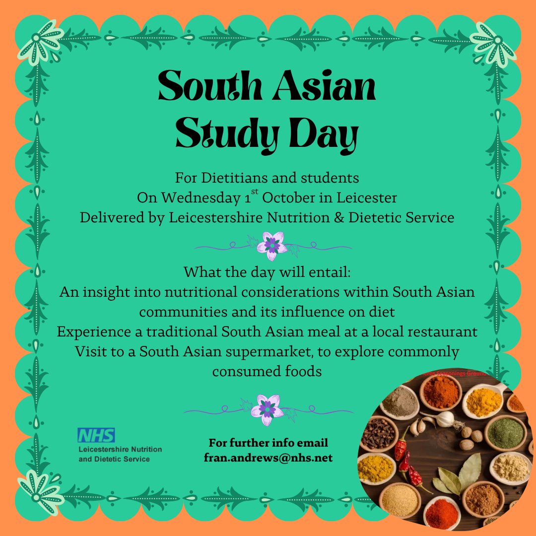 Jessica Mhesuria (@jmhesuria) on Twitter photo The next south Asian study day for Dietitians and students is coming up. A great opportunity to learn more about the South Asian culture and diet. And understand the barriers to compliance when making healthy dietary choices. <a href="/BDA_Dietitians/">British Dietetic Association</a> <a href="/dietitians_lpt/">LPT Dietitians</a> <a href="/AHPs_LLR/">LLR Allied Health Professionals</a> The next south Asian study day for Dietitians and students is coming up. A great opportunity to learn more about the South Asian culture and diet. And understand the barriers to compliance when making healthy dietary choices. <a href="/BDA_Dietitians/">British Dietetic Association</a> <a href="/dietitians_lpt/">LPT Dietitians</a> <a href="/AHPs_LLR/">LLR Allied Health Professionals</a>