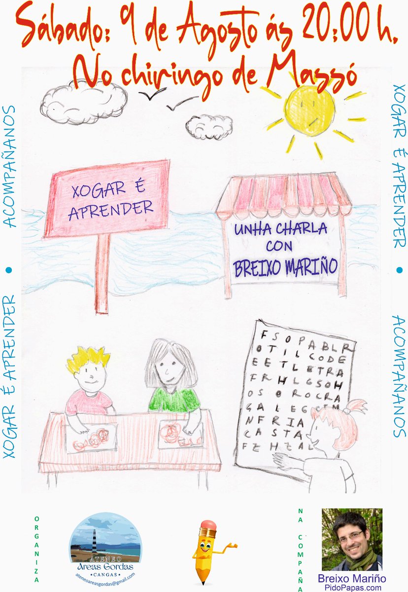 Se pensas que os xogos son cousa dos peques…
igual esta charla é para ti.

Se pensas que non… tamén.

🗓 Sábado 9
⏰ 20h
📍 Chiringo de Massó
🎙 “Xogar e aprender”
Organiza: Ateneo Areas Gordas #cangas 
#morrazo #pasatempos #mestre #mestra #engalego #queremosgalego #galego